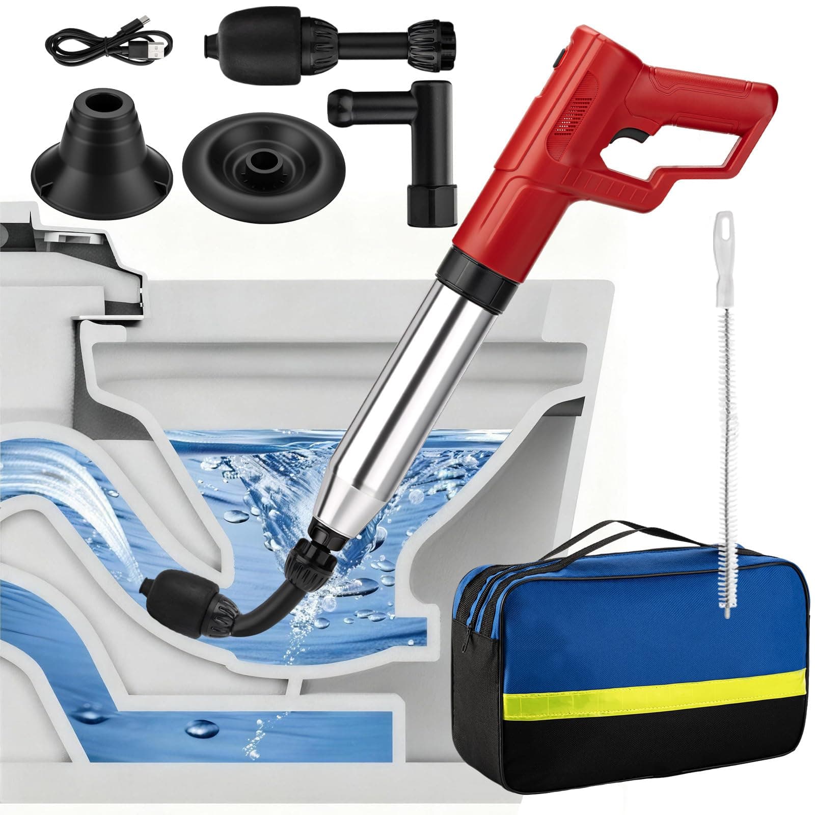 PYVANOR Electric Toilet Plunger,High Pressure Drain Unclogger Plungers for Bathroom, Shower, Floor Drains,Powerful and Versatile Clog Remover with Anti-Splash Design Safe & Efficient Home Tool(Red)