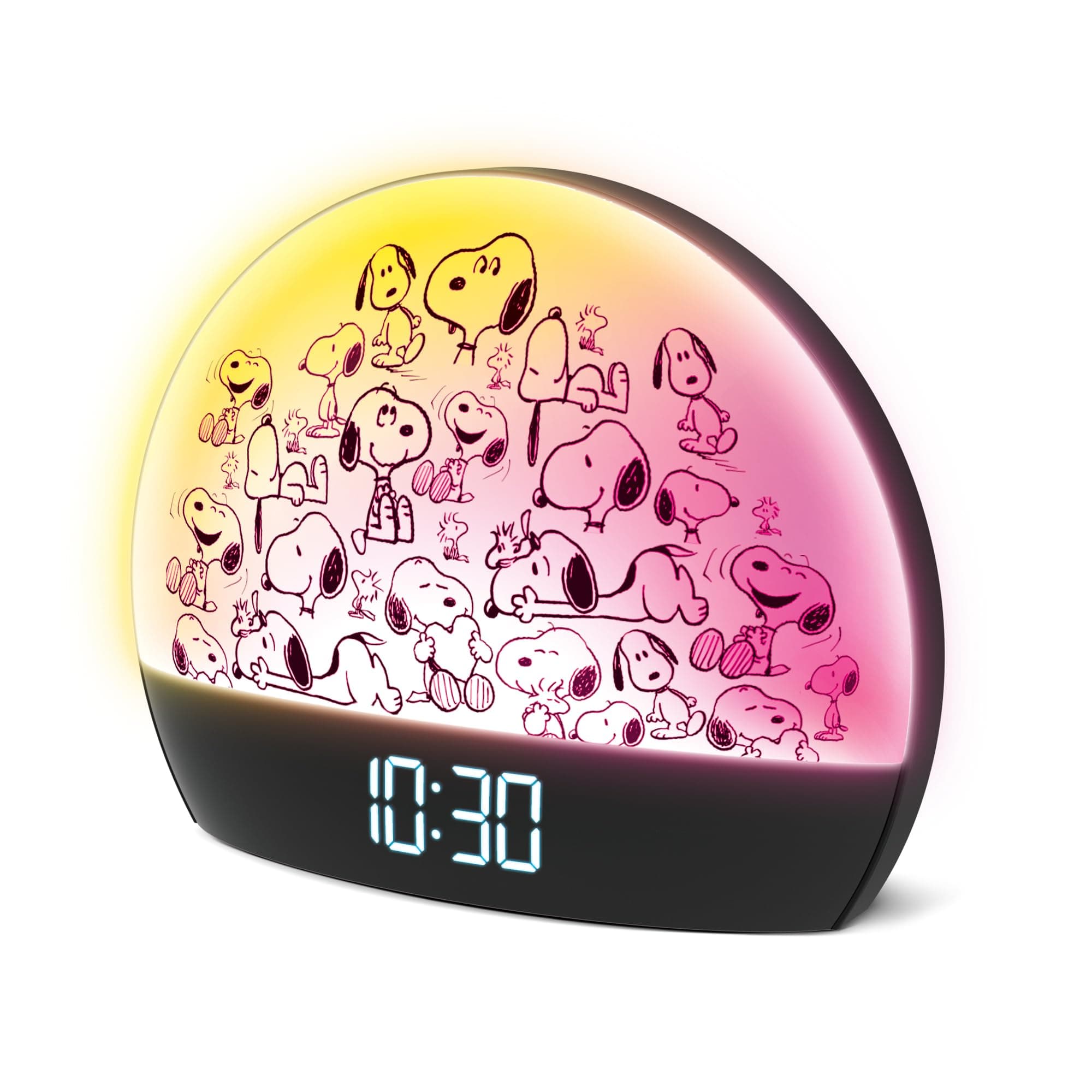 Peanuts Snoopy Sunrise Alarm Clock – Vibrant Snoopy Edition with Multicolor Lights, USB Charging, LED Display, Gentle Wake-Up Simulation, and Handy Snooze Function, Black