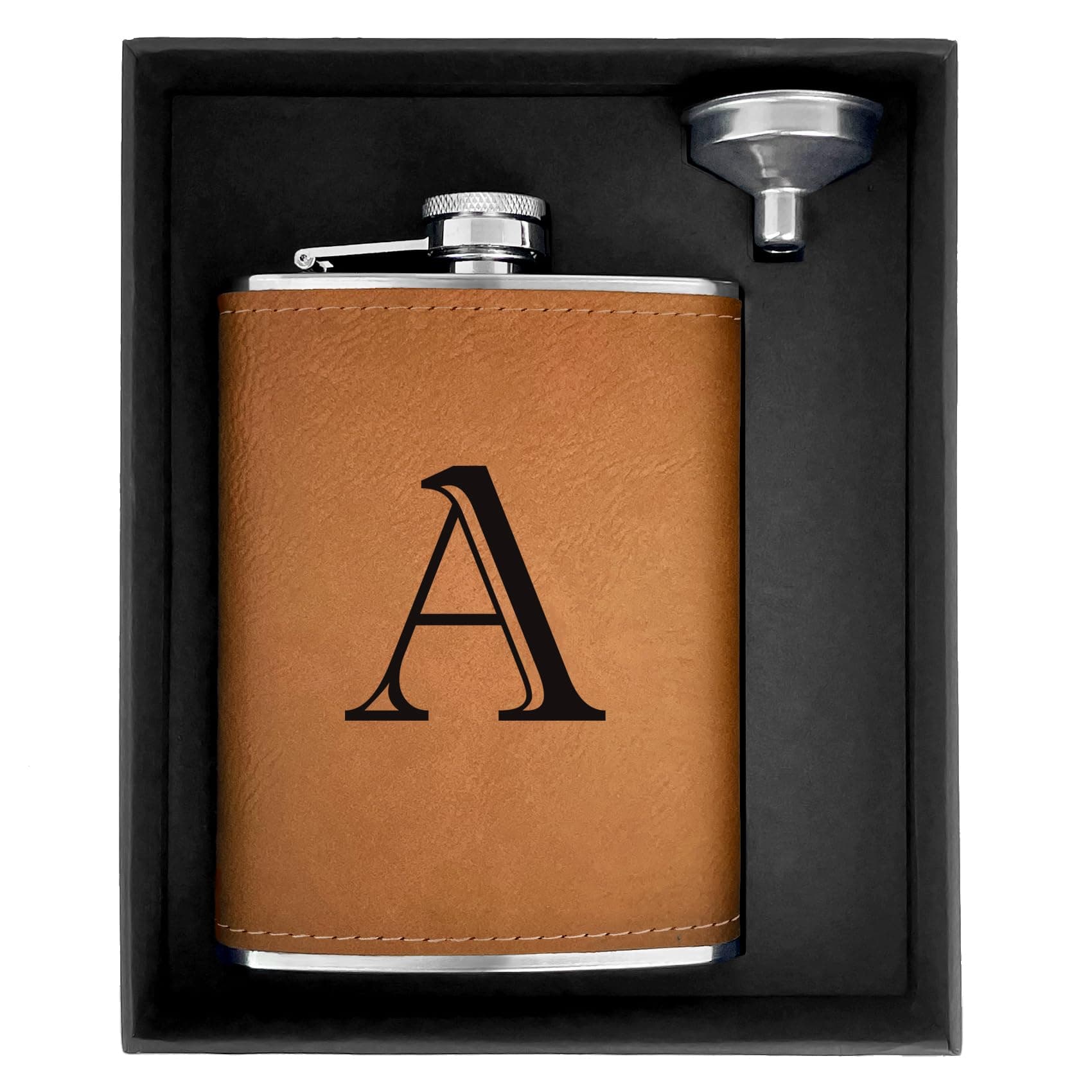CARAKNOTS Groomsmen Gifts for Men, 8 oz Leather Flasks for Liquor Initial A