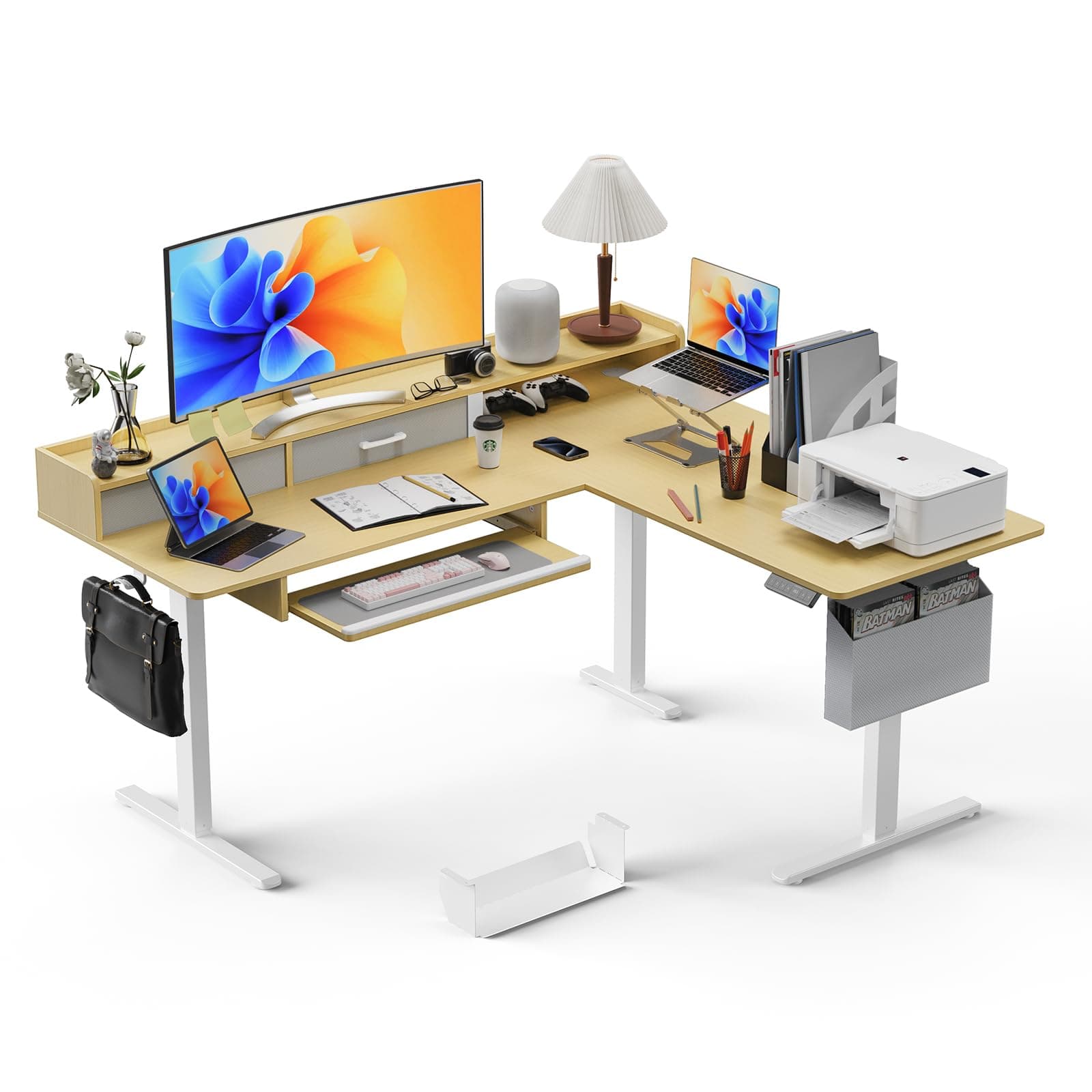 WALKINGDESK 63 Inches Height Adjustable L Shaped Standing Desk with 2 Drawers and Keyboard Tray, Electric Sit to Stand Home Office Comupter Table, Ergonomic Corner Gaming Desk, Oak