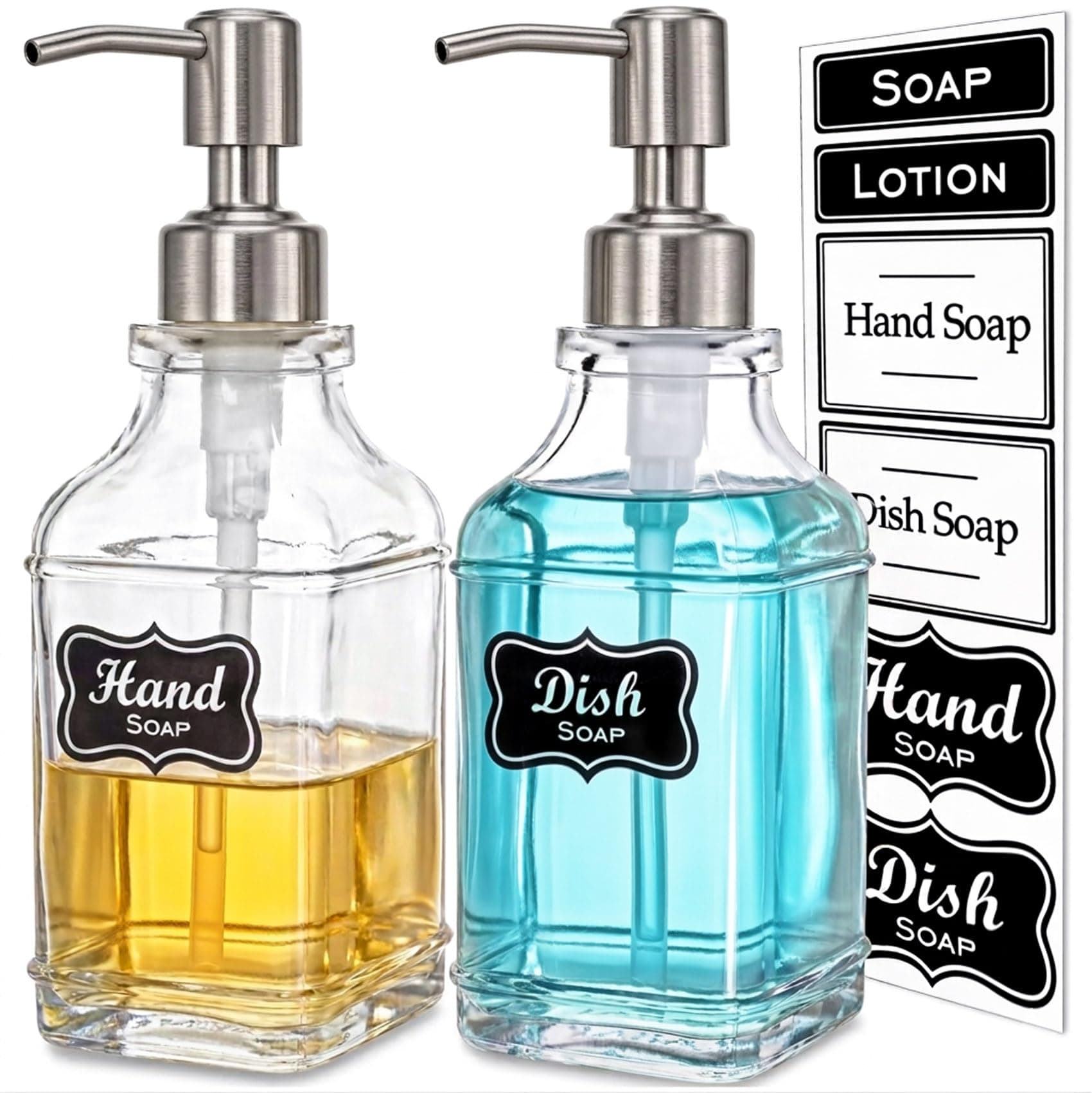 JASAI 2Pack Hand&Dish Glass Soap Dispenser with Rust Proof Pump & Stickers