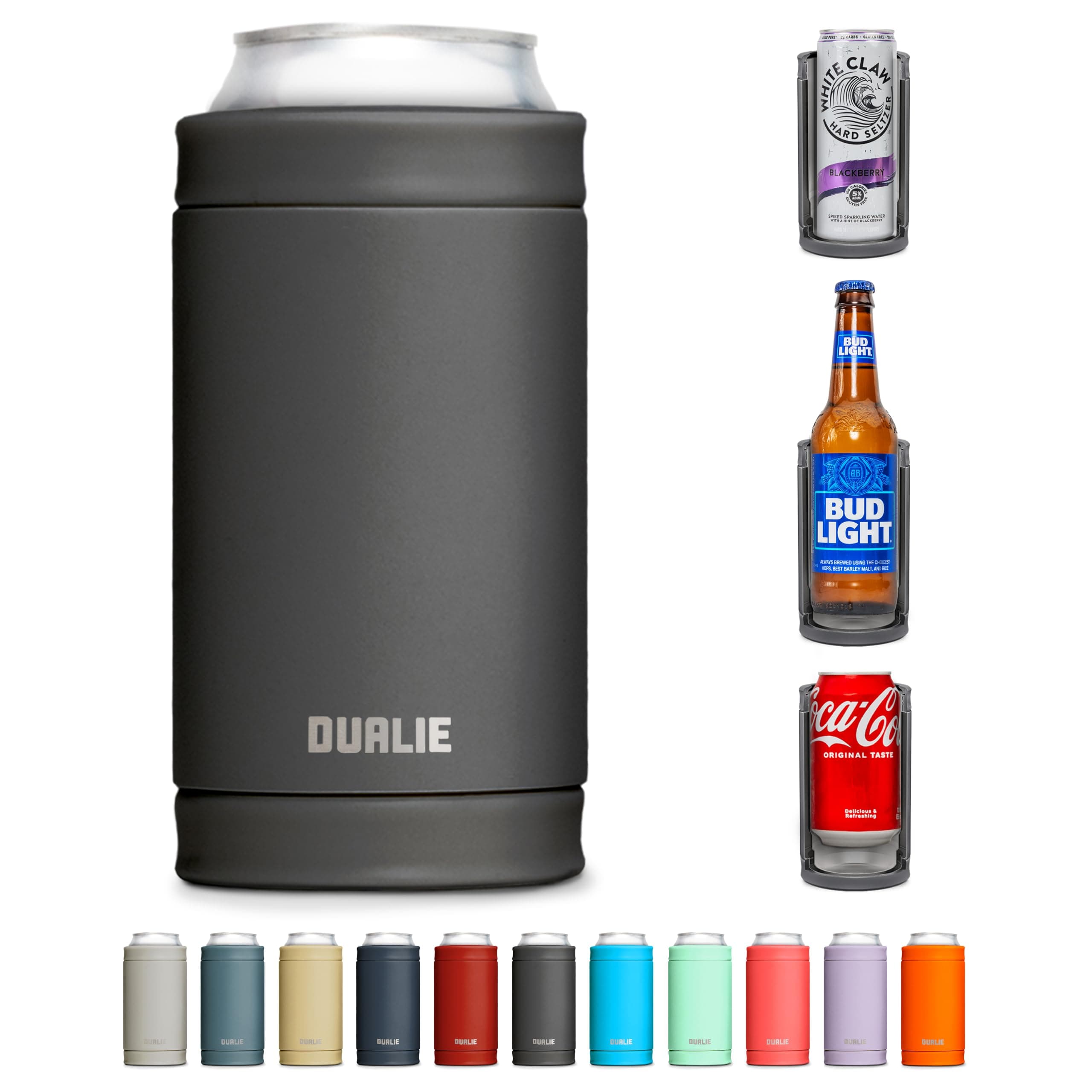 DUALIE 3 in 1 Insulated Can Cooler - Universal Size for 12 oz Cans, Slim Cans, and Bottles - 10+ Colors Available