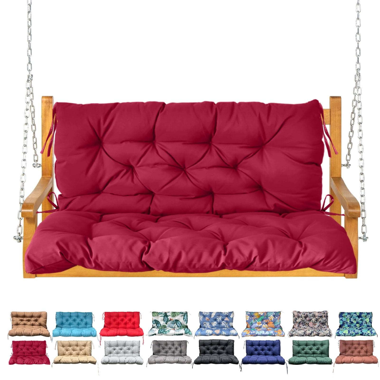 NANGELRN Porch Swing Cushion with Backrest,Waterproof Bench Cushion for Outdoor Furniture,2-3 Seater Replacement Thickened Swing Cushion with Ties,Patio,Outdoor,Backyard and Garden (Wine Red,40x40)