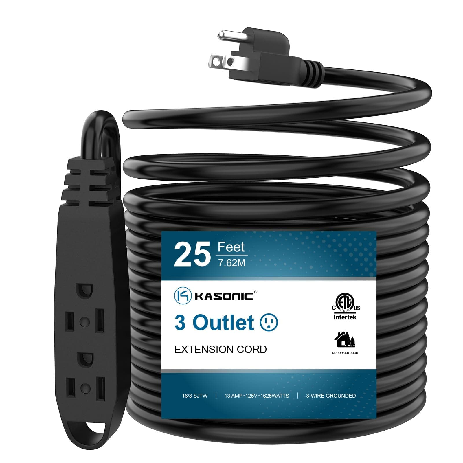 Kasonic 25 Feet 3 Outlet Extension Cord, 16/3 SJTW Grounded, Black