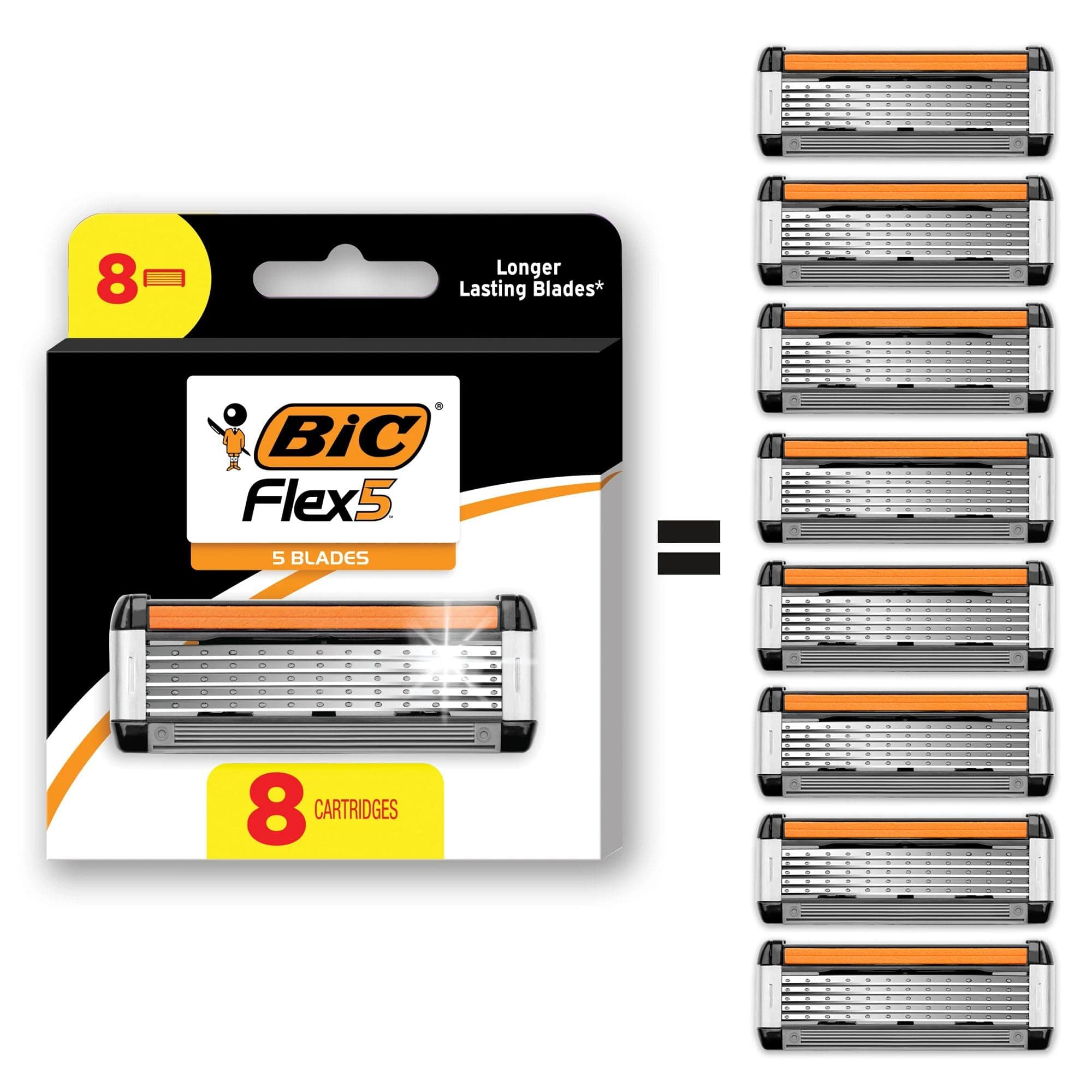 BIC Flex 5 Refillable Refill Razor Cartridges for Men, Long-Blade Razors for a Smooth and Comfortable Shave, 8 Refill Cartridges [Black and White]