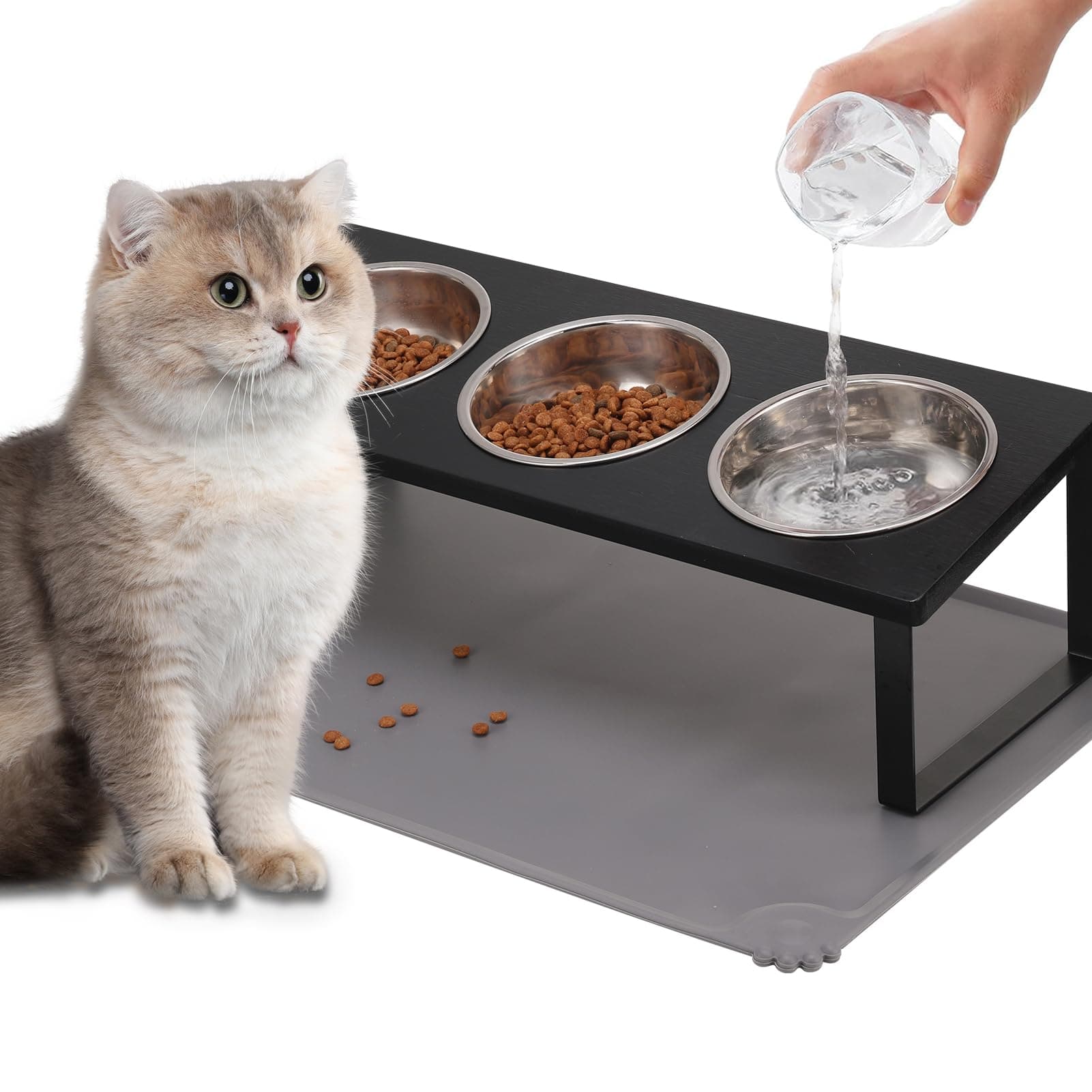 Summark Upgraded Elevated Cat Bowls with Food Mat,15°Tilted Stand Anti Vomiting Raised Cat Dishes for Food and Water,3 Stainless Steel Bowls for Cats and Puppy（Black）
