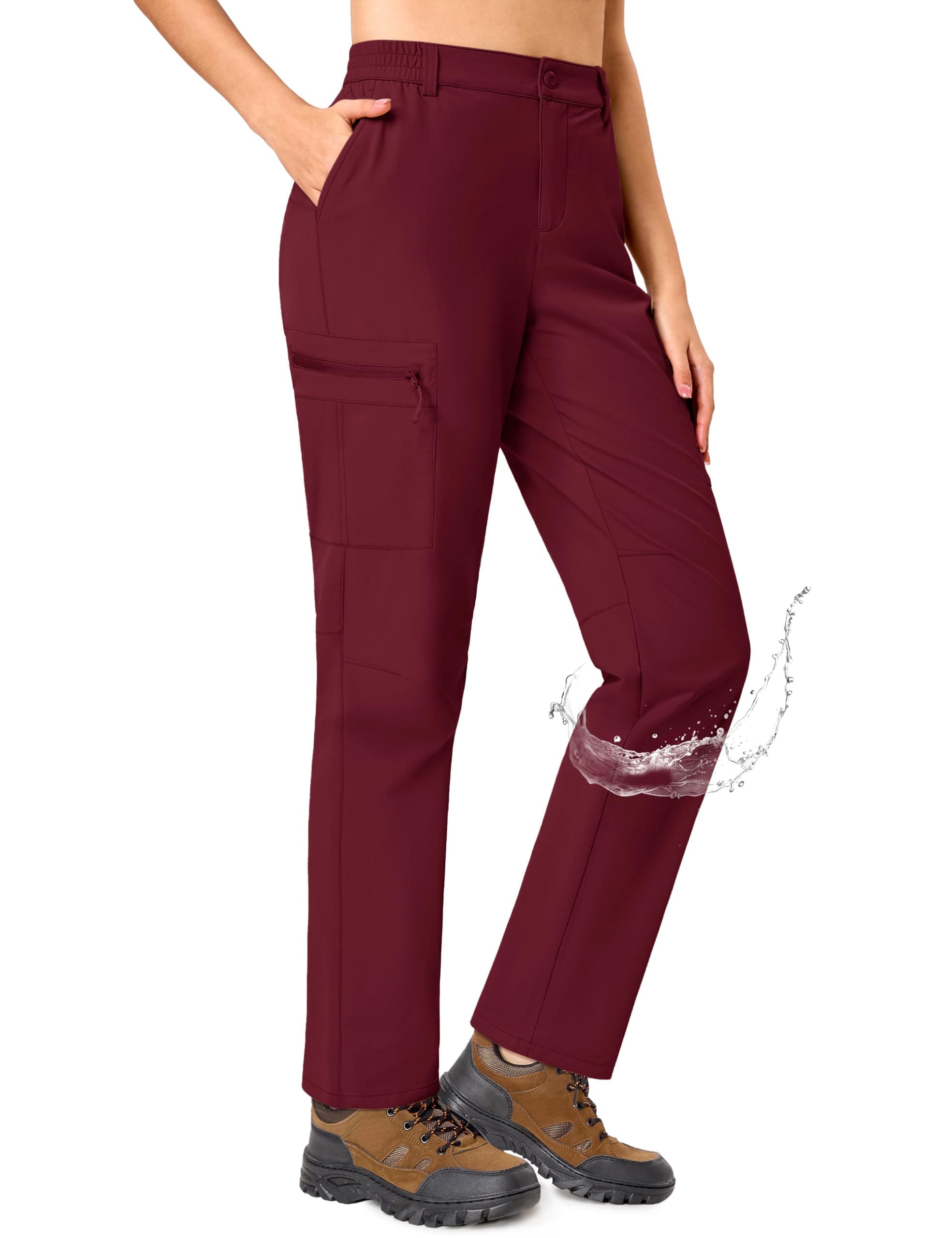 TACVASEN Women's Cargo Hiking Pants Water Resistant Quick Dry Lightweight Zipper Pockets Work Tactical Pants WineRed L
