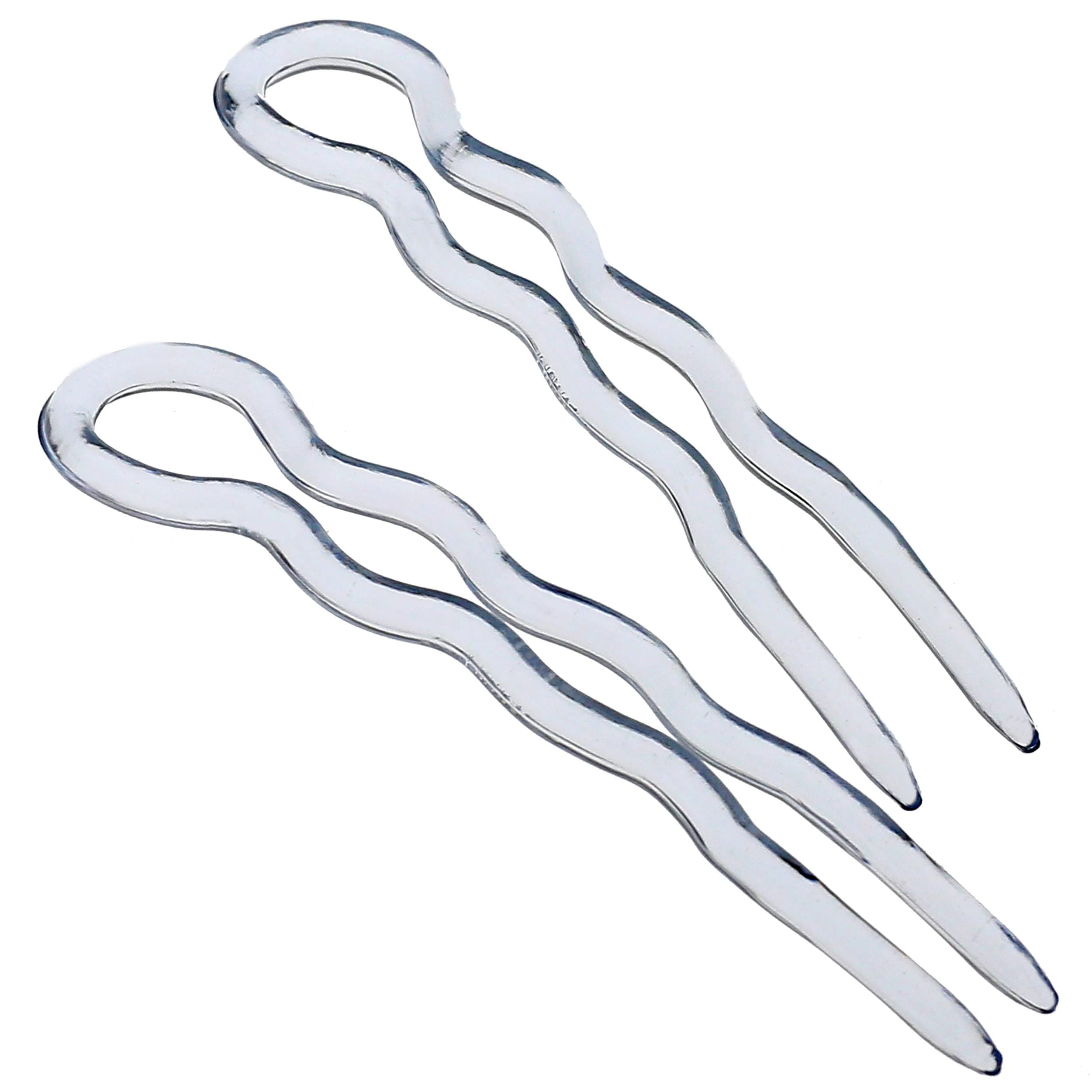 Camila Paris CP3513 French Twist Stick Hair Fork, 2 Small Wavy U Shaped Hair Pin Clip for Spiral Updo and Bun, Clear, Fashion Flexible Durable Styling Hair Accessories for Women, Made in France