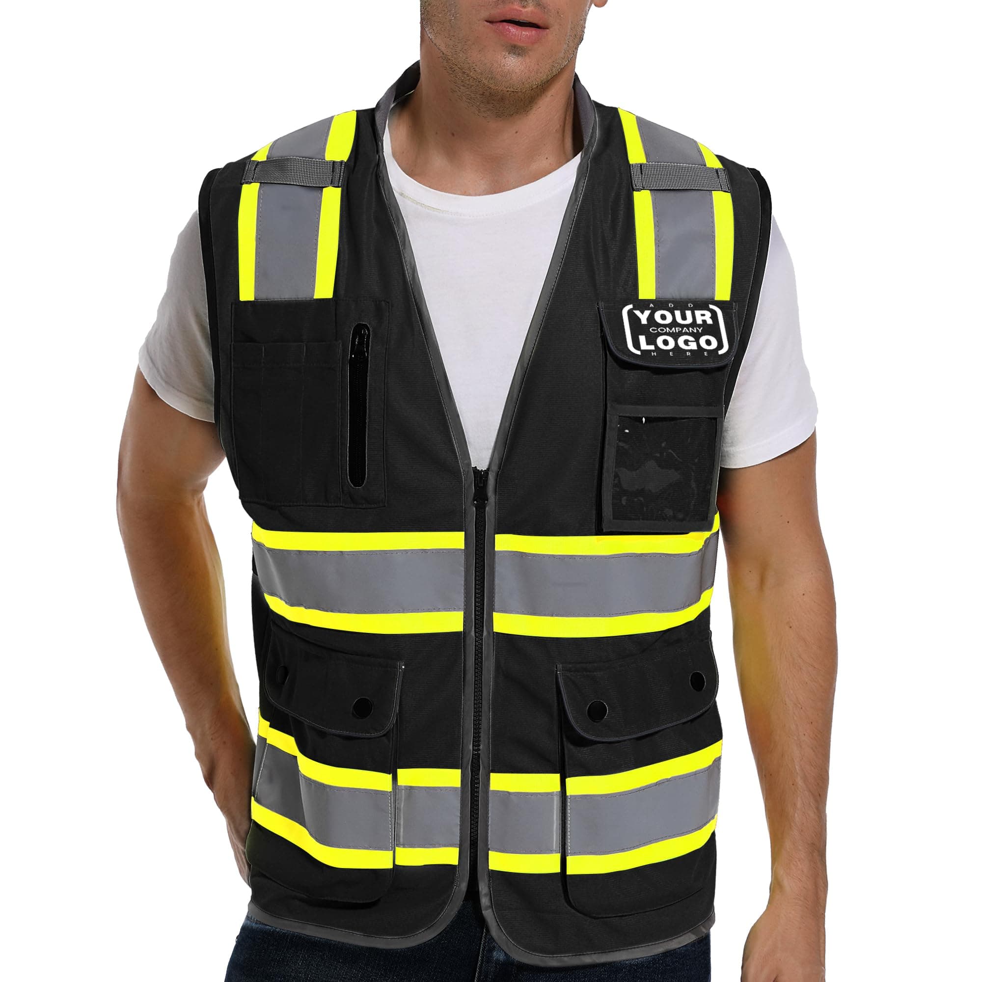 ArcRidge Reflective Safety Vest for Men and Women - Dual Tone Strips Class 2 High Visibility Construction Vest (Black-Custom, Large)
