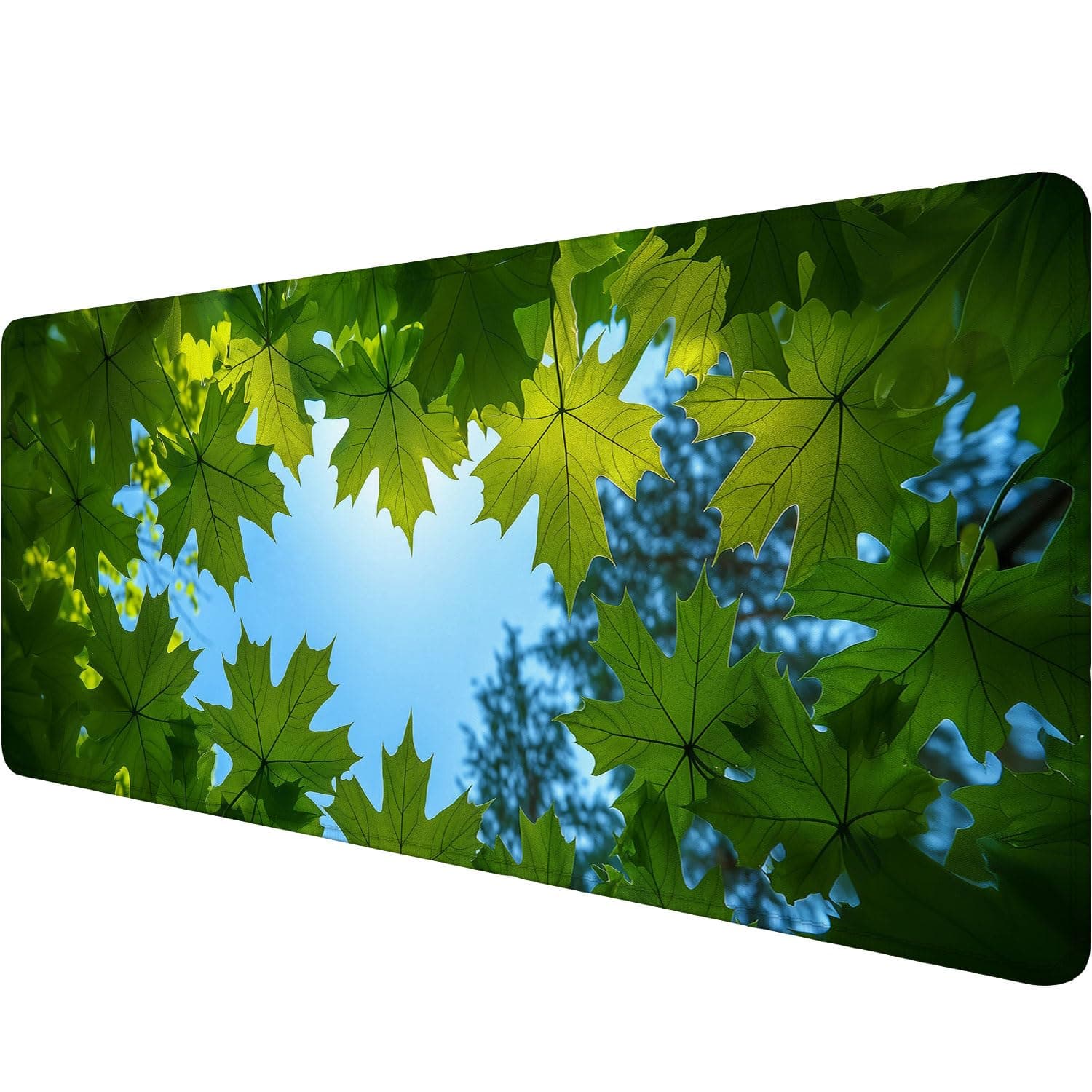 Maple Leaves Gaming Mouse Pad Summer Lush Green Maple Leaves Forest Mousepad Extended Large Laptop Keyboard Non-Slip Rubber Base with Stitched Edges 31.5x11.8 Inch