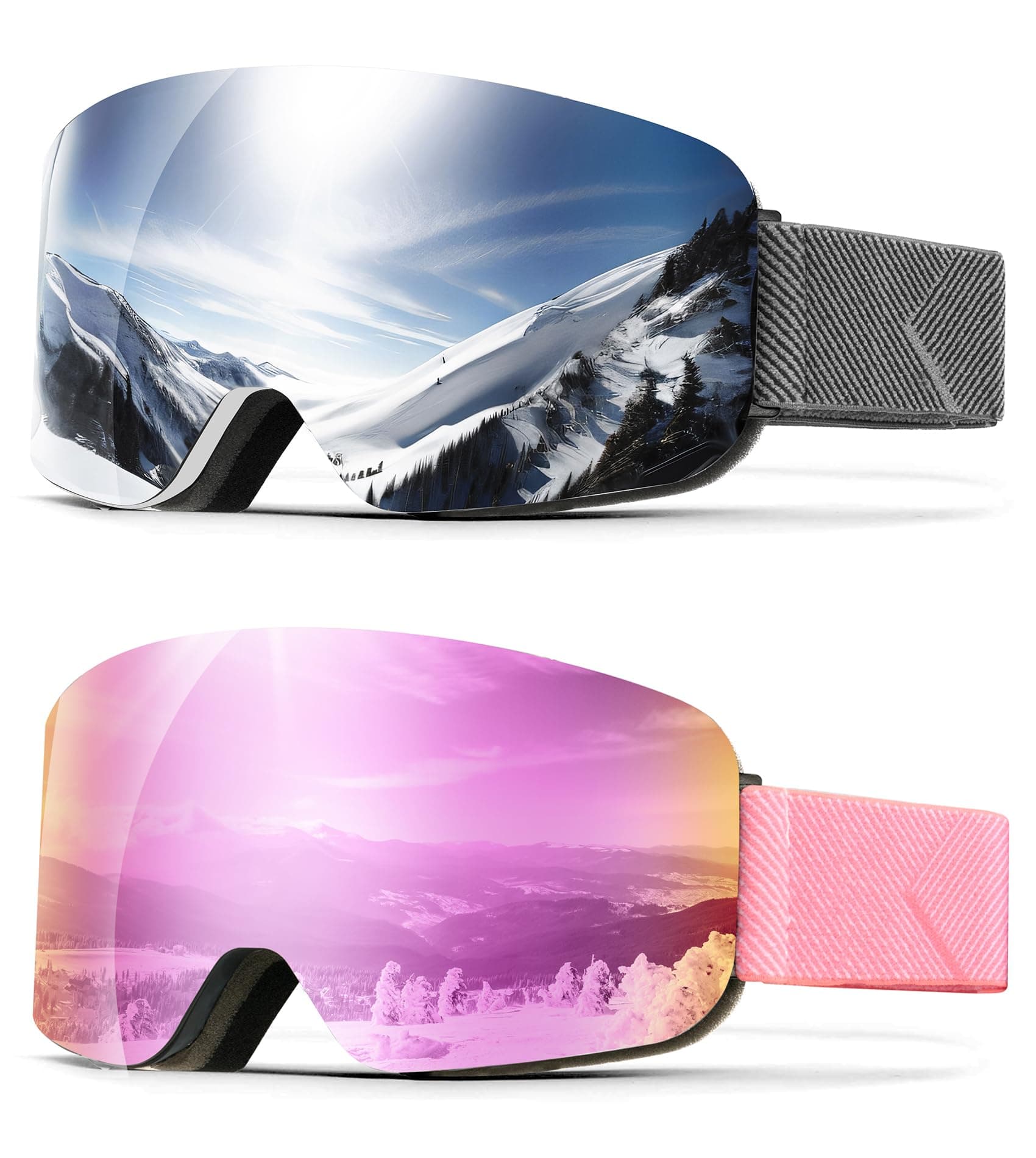 QALLY Ski Goggles for Men Women Snow Goggles Anti fog Snowboard Goggles with 100% UV Protection, White Frame Silver Lens/White Pink Lens