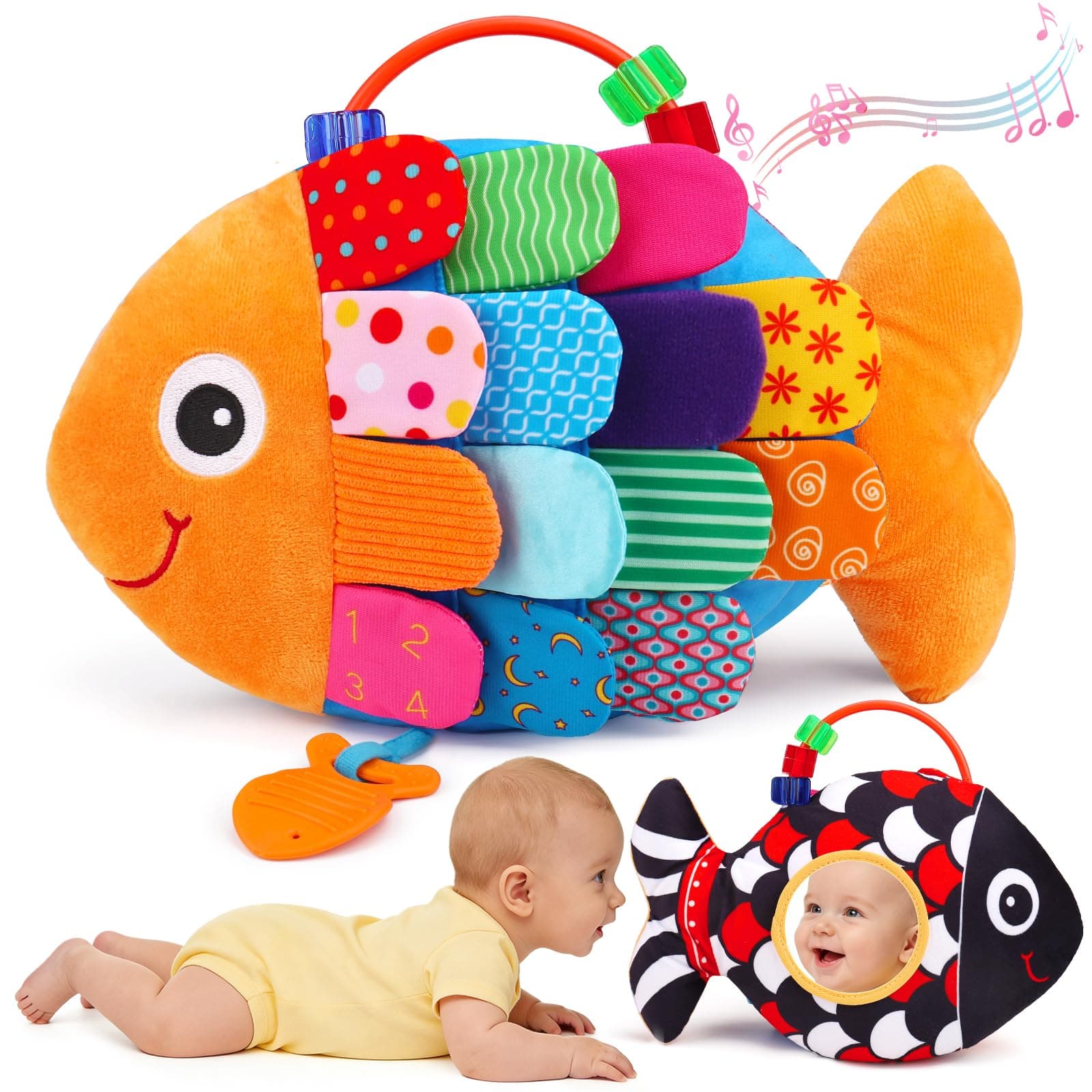 Baby Tummy Time Mirror Toys 0-6 Months Fish Toy for Newborn 3 4 5 6 Month Black and White High Contrast Sensory Infant Toys with Music Crinkle Rattle for 0-3 3-6 Months Old Baby Birthday Boy Girl Gifts