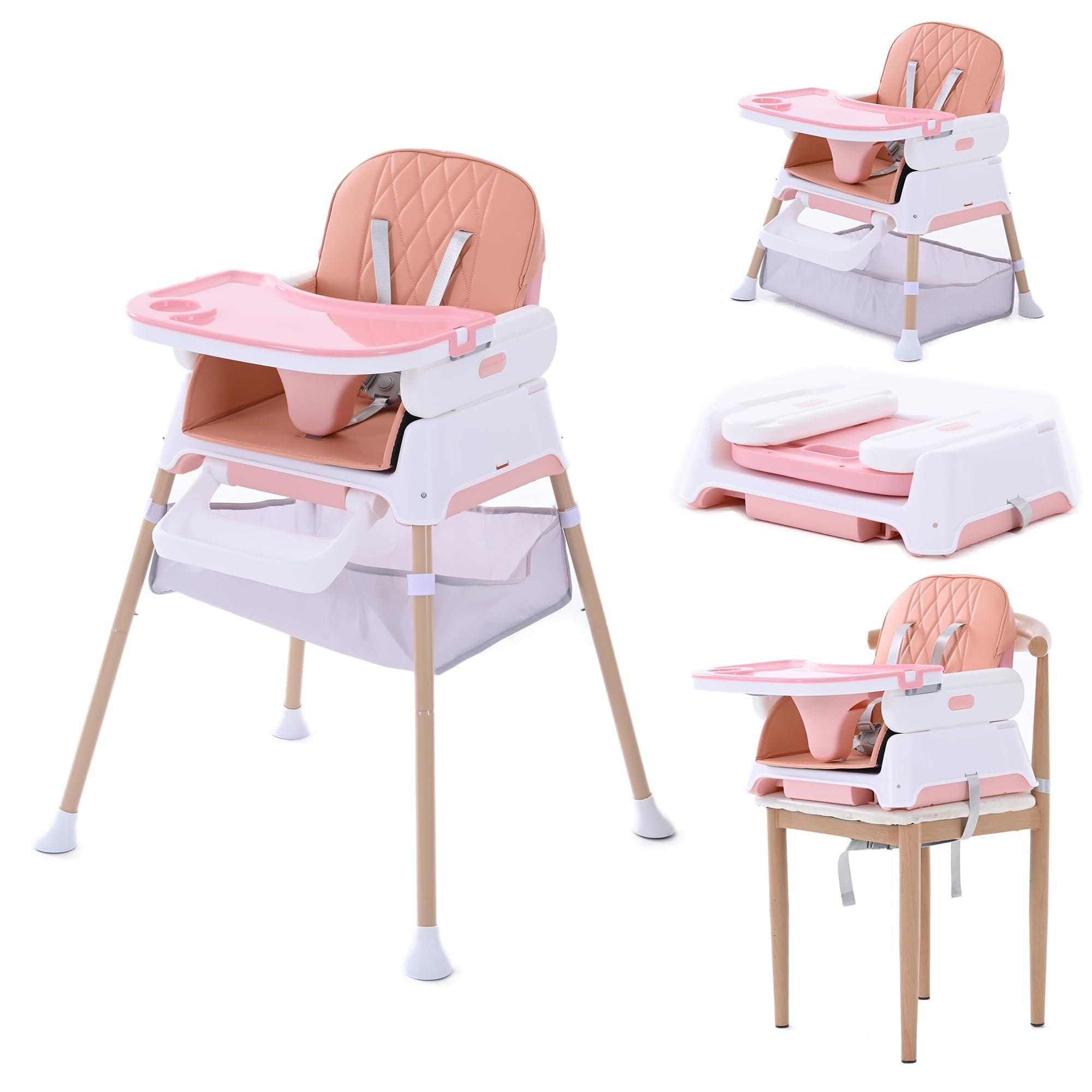 Hrusitoo 3-in-1 Convertible Baby High Chair with Booster Seat, Pink