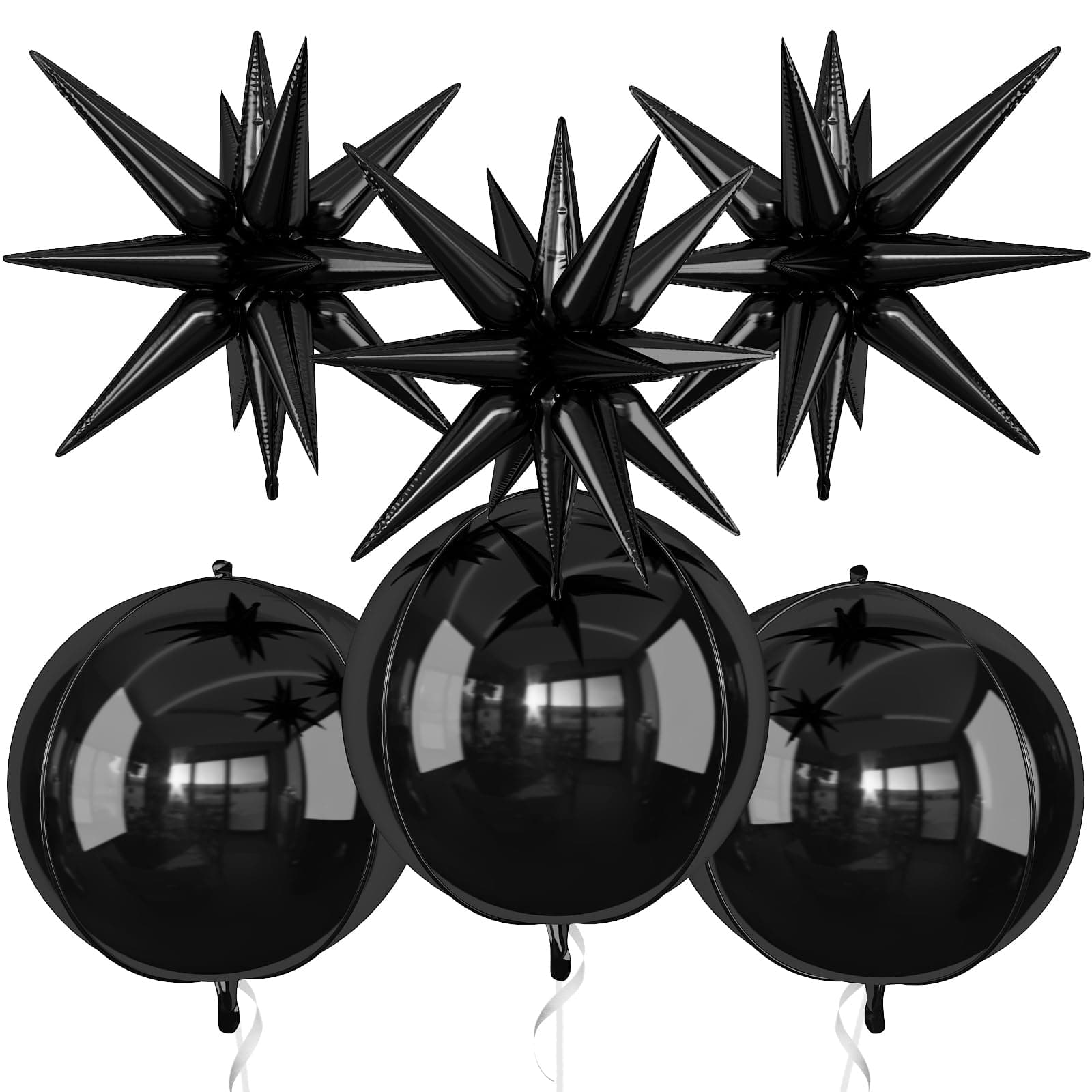 6 Pcs Black Foil Balloons, 22 Inch Black 4D Round Balloons and Explosive Stars for Birthday, Wedding, Baby Shower, Anniversary, Graduation, Decorations