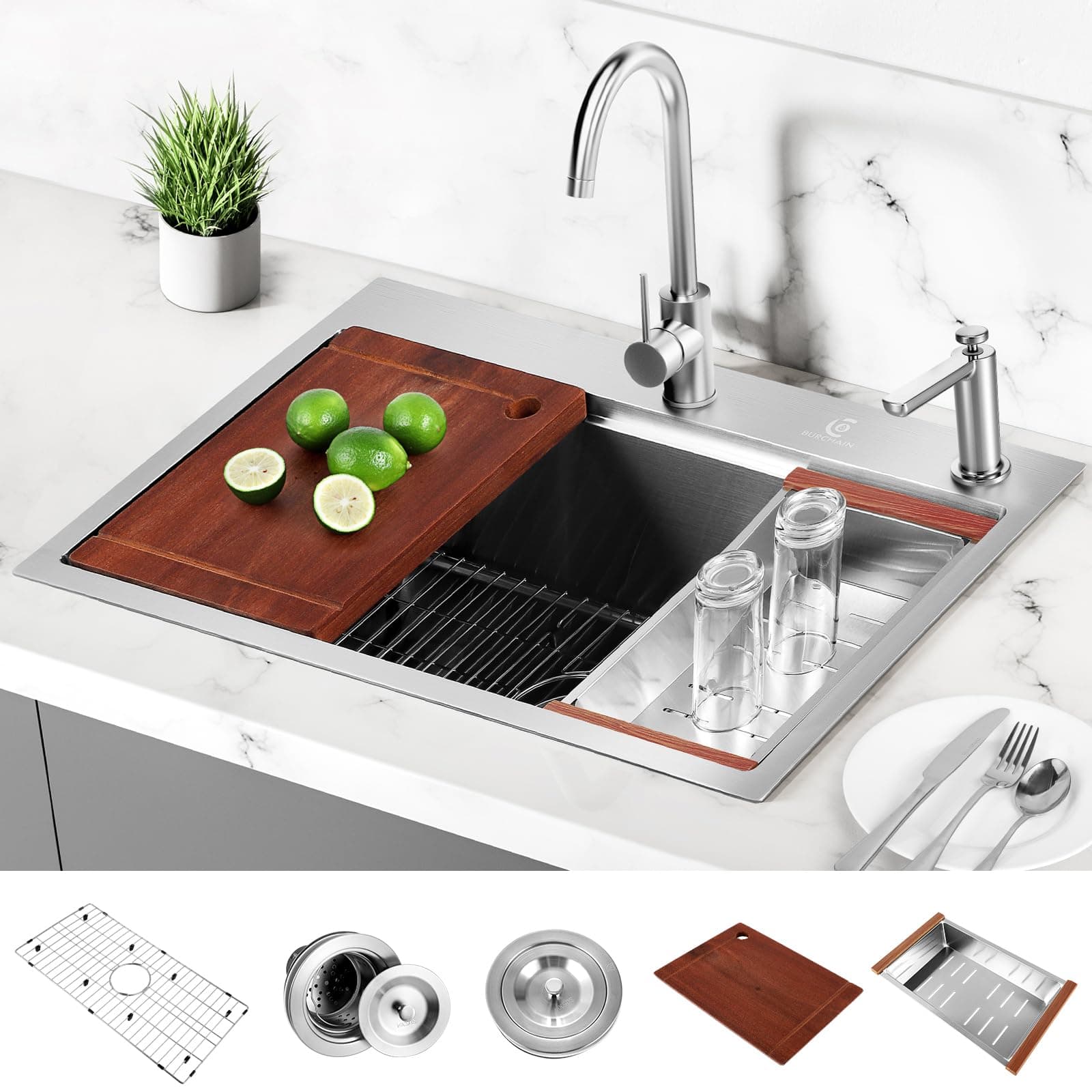 BURCHAIN 30 Inch Stainless Steel Kitchen Sink 16 Gauge Drop In Single Bowl Workstation Sink 2-Hole Top Mount Kitchen Basin with 5 Accessories (Brushed Nickel)