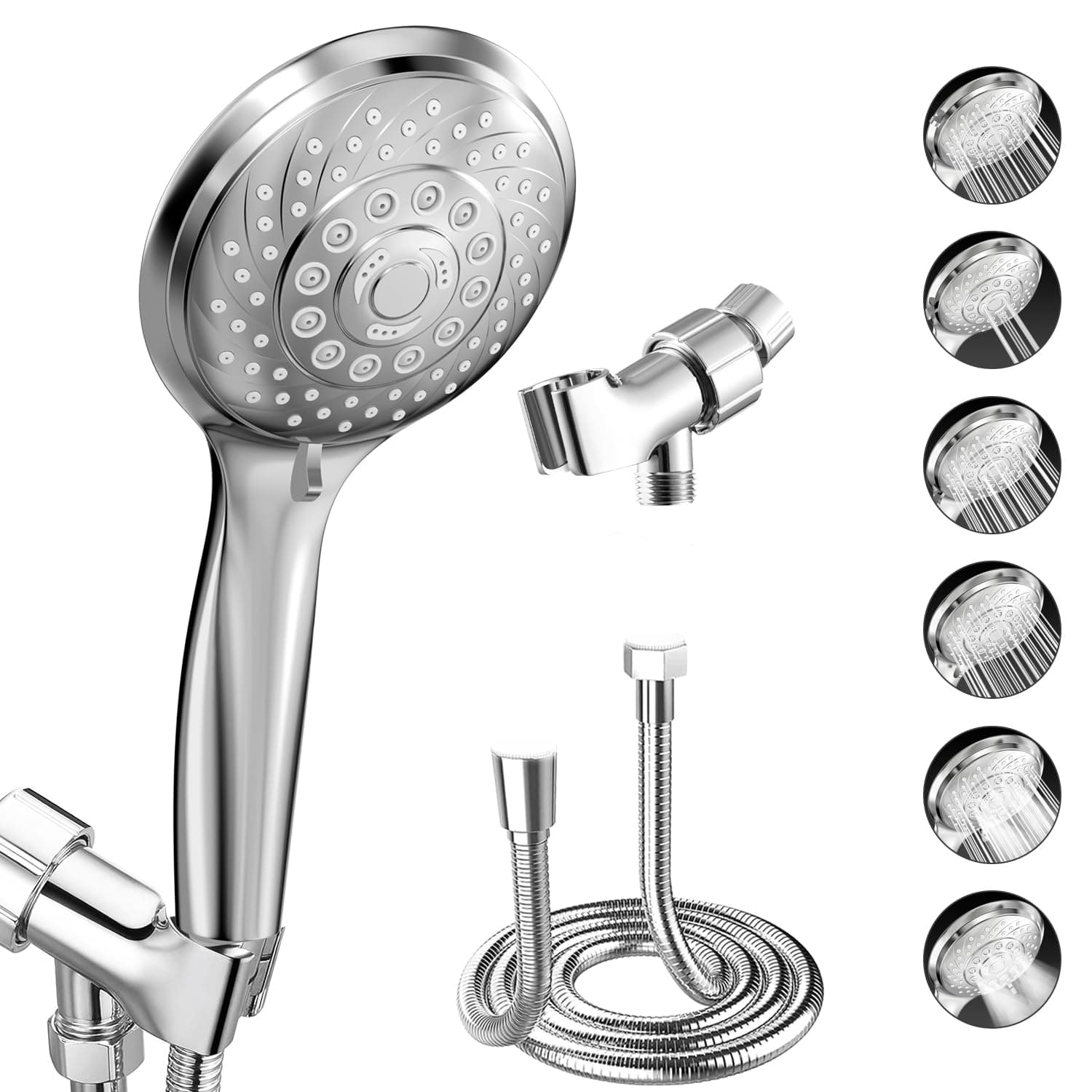 VEHHE Shower Head, Water Saving, Anti-Clog, 6 Spray Modes, Silver