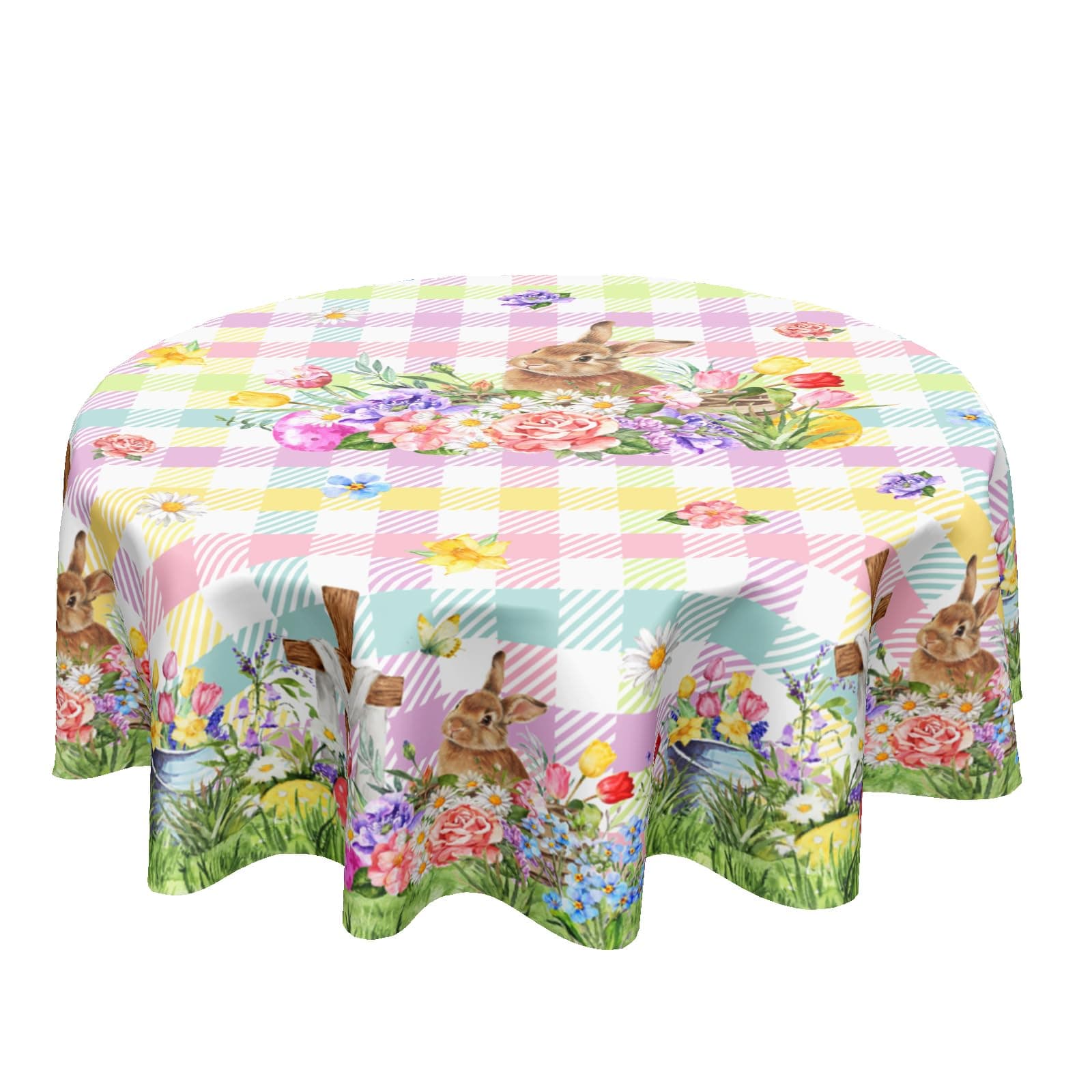 Ancordivo Easter Rabbit Round Tablecloth 60 Inch Easter Bunny Floral Colorful Buffalo Plaid Circle Table Cloth Seasonal Holiday Rustic Table Cover for Party Kitchen Dinner Home Decor