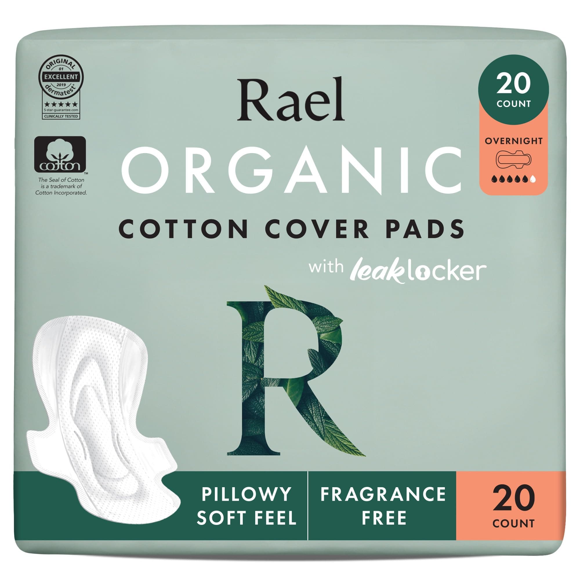 Rael Organic Cotton Cover Sanitary Pads for Women, Heavy (Overnight, 20 Ct)