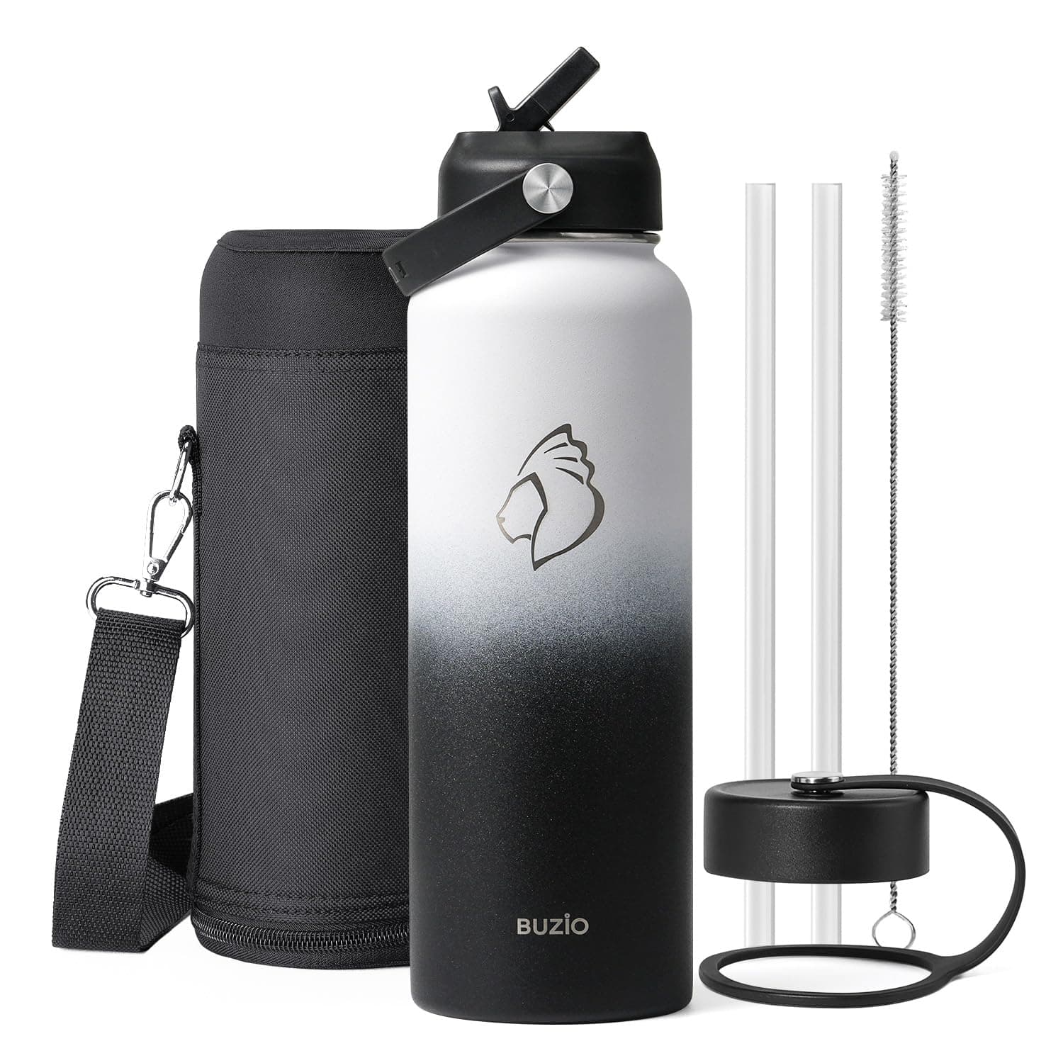 BUZIO 40 oz Insulated Water Bottle Stainless Steel with Straw & Spout Lids