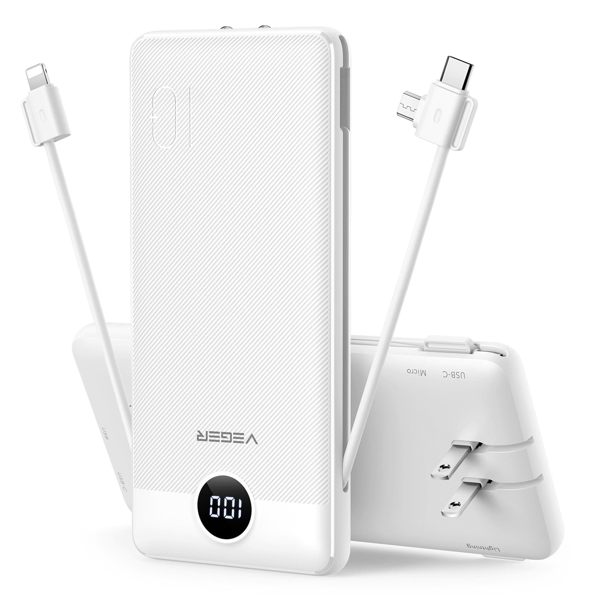 VEGER Portable Charger with Built-in AC Plug and Cables, All in One 10000mAh Ultra Slim Power Bank Travel Essentials, USB C External Battery Pack Compatible with iPhone, Samsung, More, White
