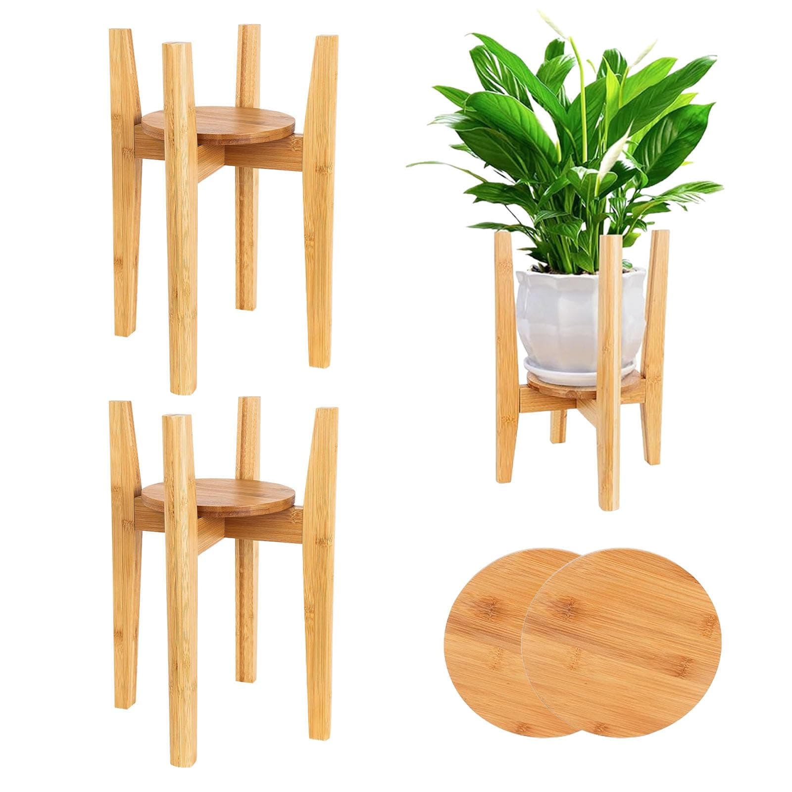 2 Packs Adjustable Plant Stand with Tray,Indoor Wood Plant Stand Fit 8'' to 12'' Planter,Mid Century Modern Flower Pot Holder Rack(Plant and Pot Not Included) Natural