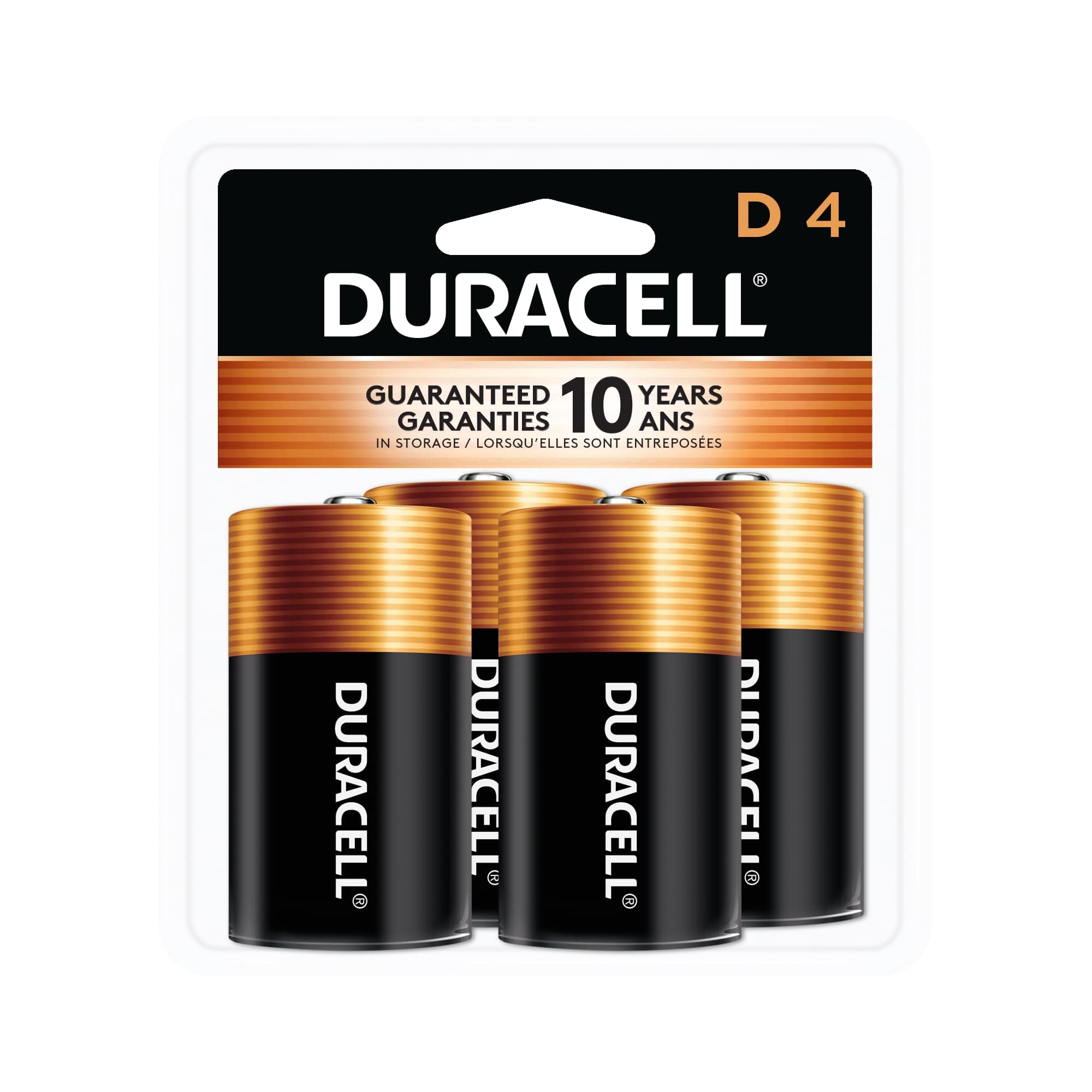 Duracell Coppertop D Batteries, 4 Count, 10-Year Shelf Life, Long-lasting