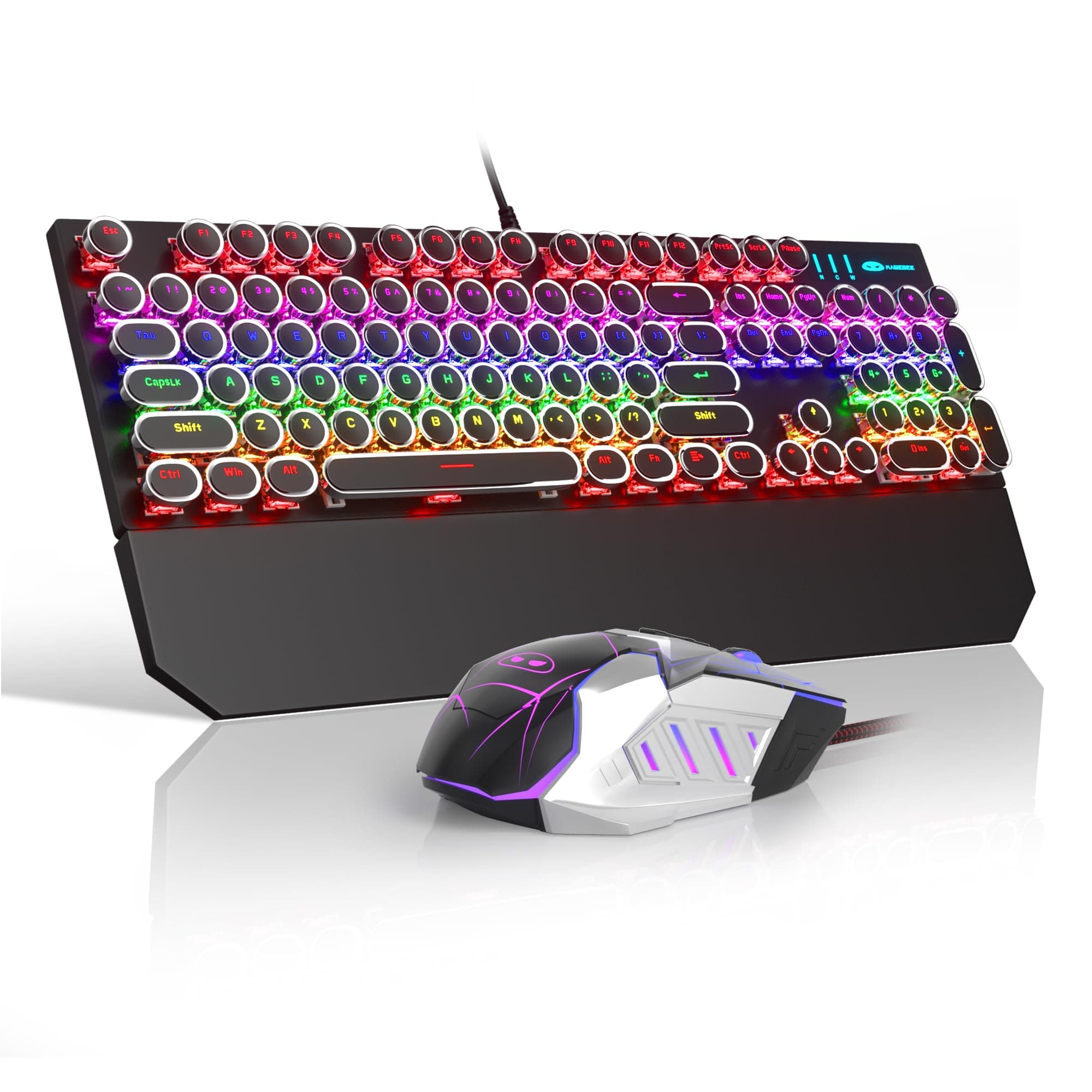 Retro Typewriter Keyboard and Mouse Combo, Cute Black Keyboard with Linear Red Switches, Full Size Wired Mechanical Gaming Keyboard, Cool Light Up Keyboard and Mouse for Gaming,Work,Mac,PC,Windows