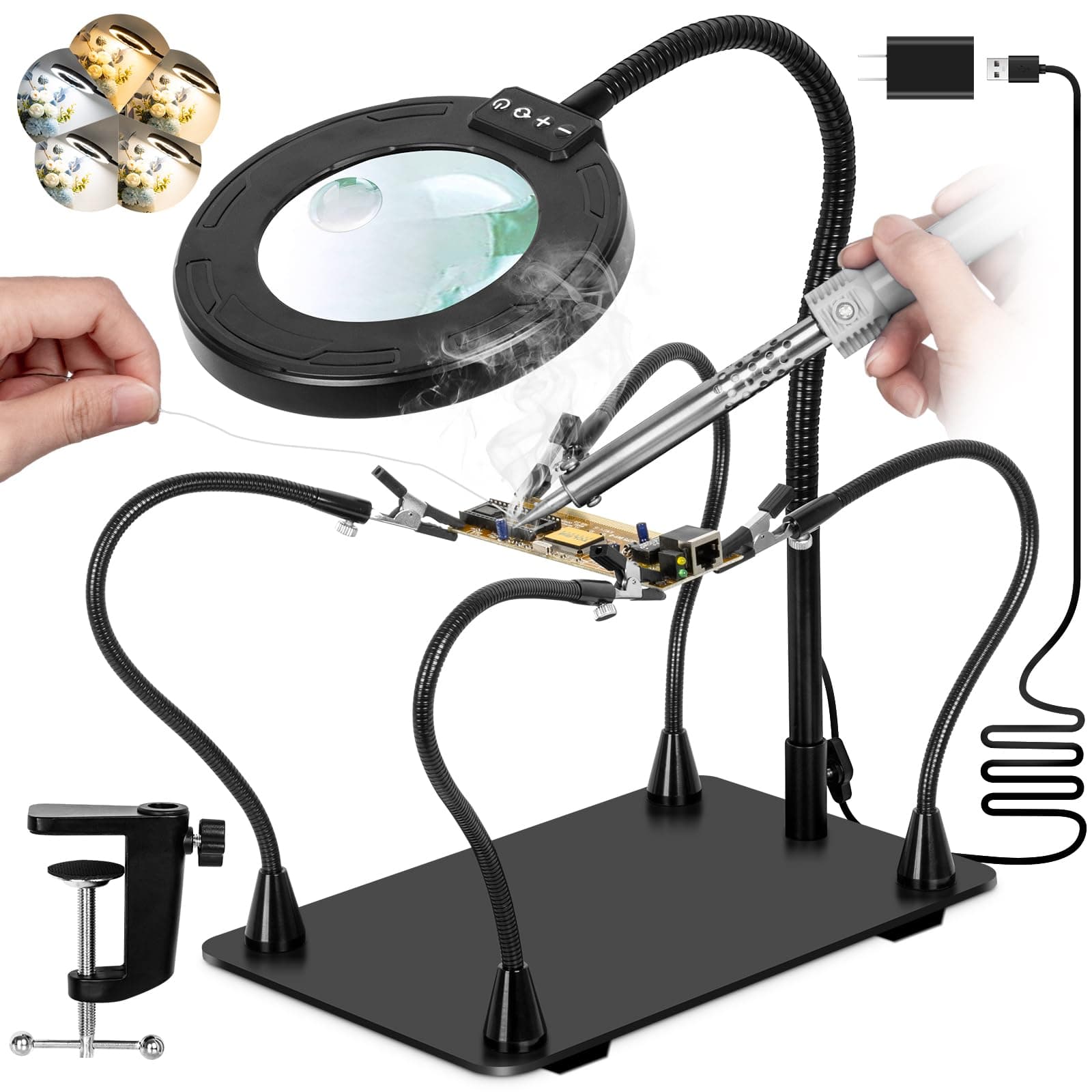 KUVRS 30X 12X Magnifying Glass with Light and Stand, Helping Hands Soldering Station, Magnetic PCB Holder, Colors Dimmable Magnifier Lamp for Repair Craft Hobby Model Painting