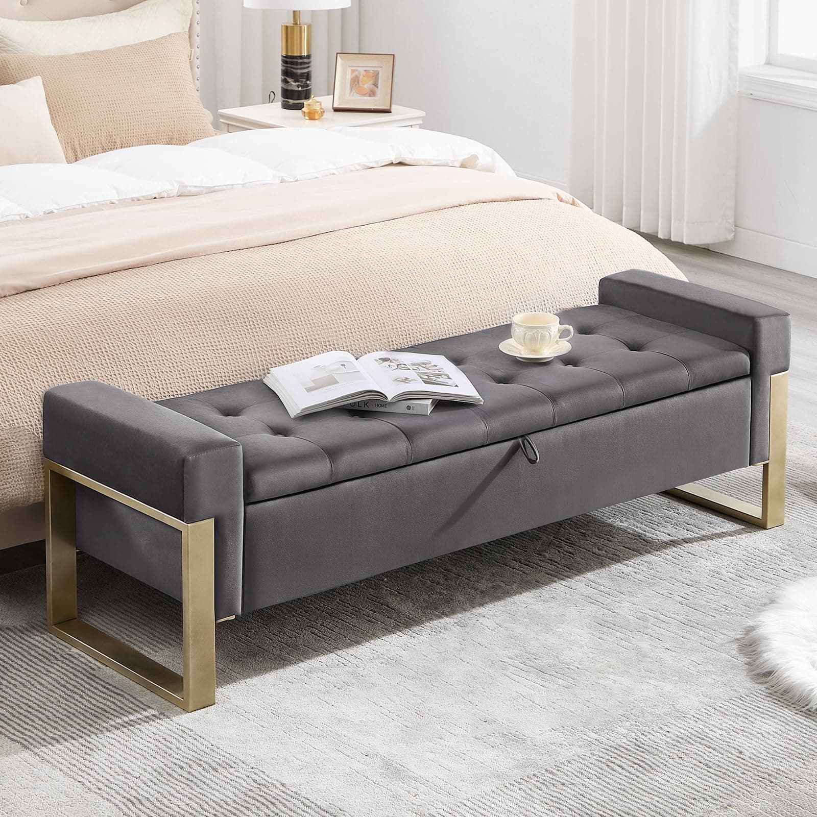choairy 67'' End of Bed Storage Bench, Benches for Bedroom Foot of Bed King Size, Upholstered Velvet Storage Ottoman Bench with Gold Legs for Window Living Room Entryway (Dark Grey)