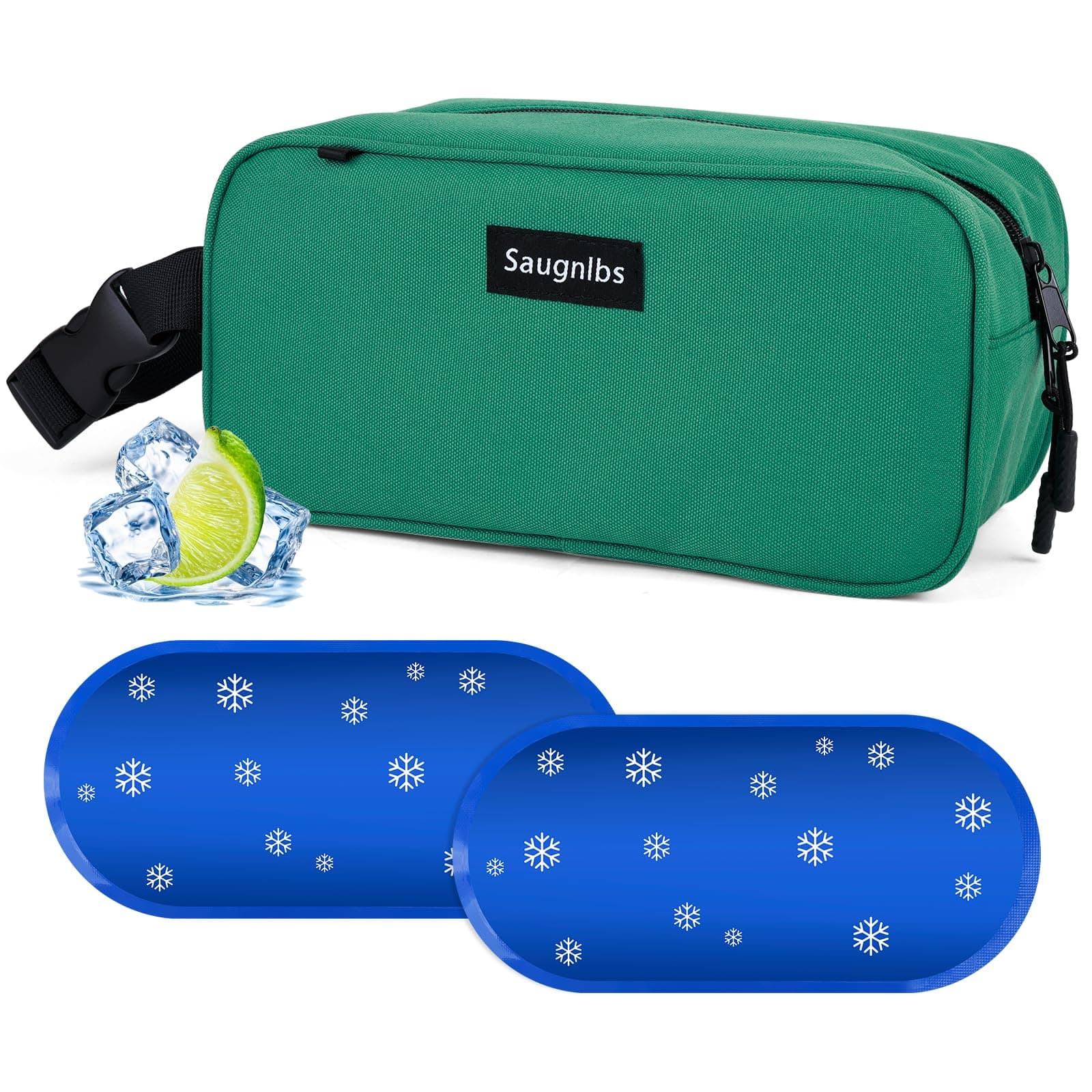 Saugnlbs Small Cooler Bag,Mini Cooler Bag with Ice Packs,Insulated Lunch Bag with Handle Buckle,Freezable Lunch Bag for Travel/Work/School/Outdoors, 10“ x 4.5”x 5”,Green