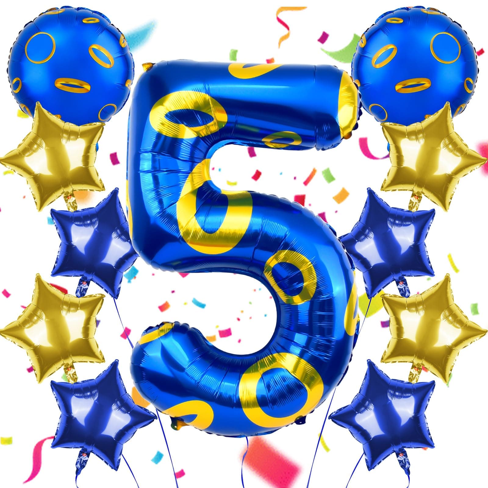 40" Blue and Golden Ring Themed Number Balloon, Number Block Foil Number 5 Balloons Large Big Numbers Helium Balloon for Girls Boys 5th Birthday Theme Party Decorations (Number 5)