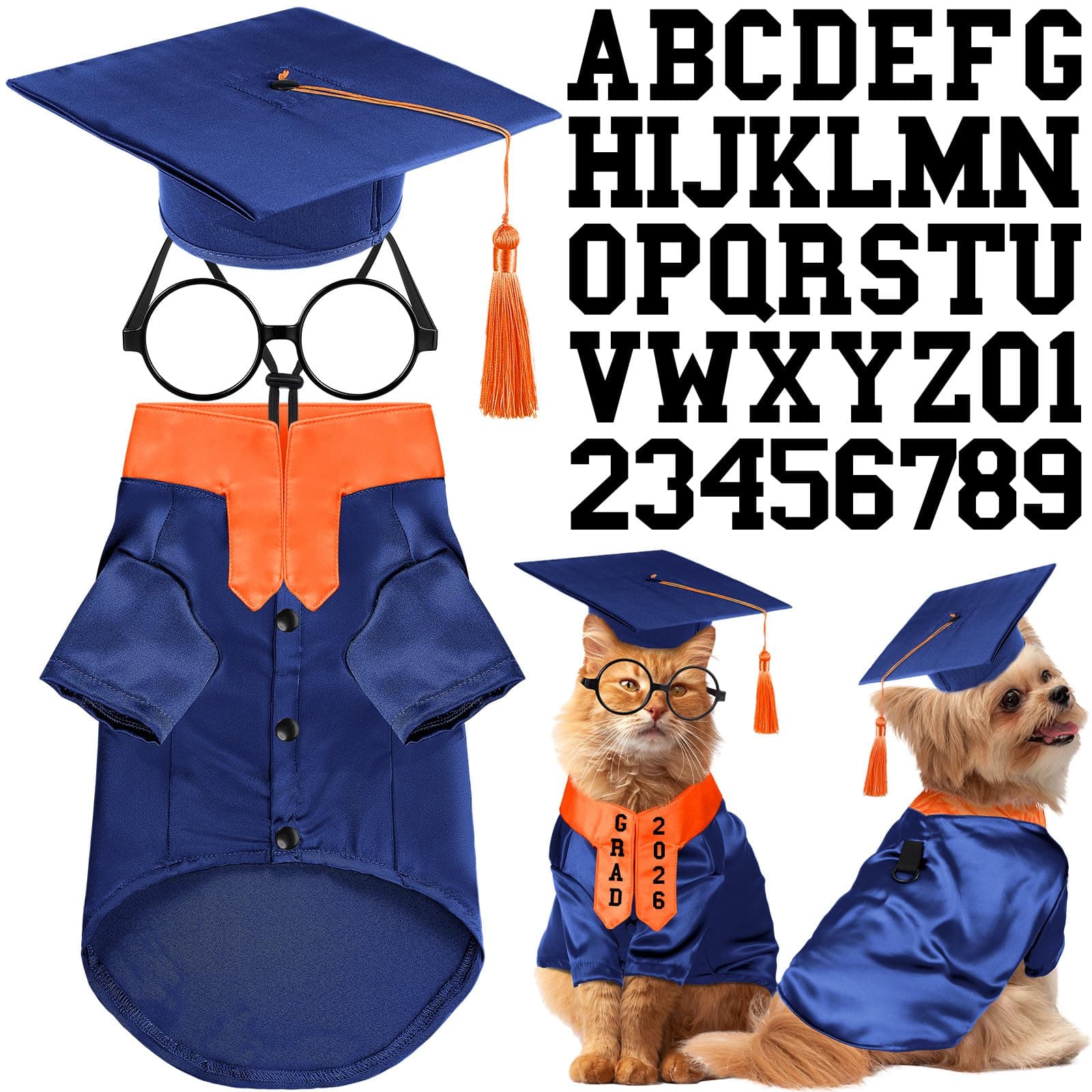 Huhumy 5 Pcs Dog Graduation Costume Set Include 2026 Pet Graduation Gown with Stole Puppy Grad Cap Lensless Glasses DIY Letter Stickers for Dogs Cats Holiday Costume Accessory(Blue Orange,S)