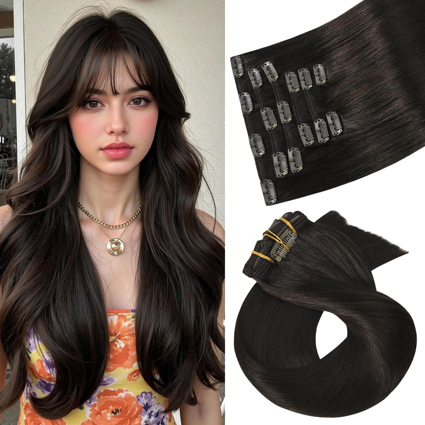 Aison Dark Brown Hair Extensions for Women Clip in Hair Extensions Real Human Hair 100% 75G/7Pcs 16clips 15 Inch