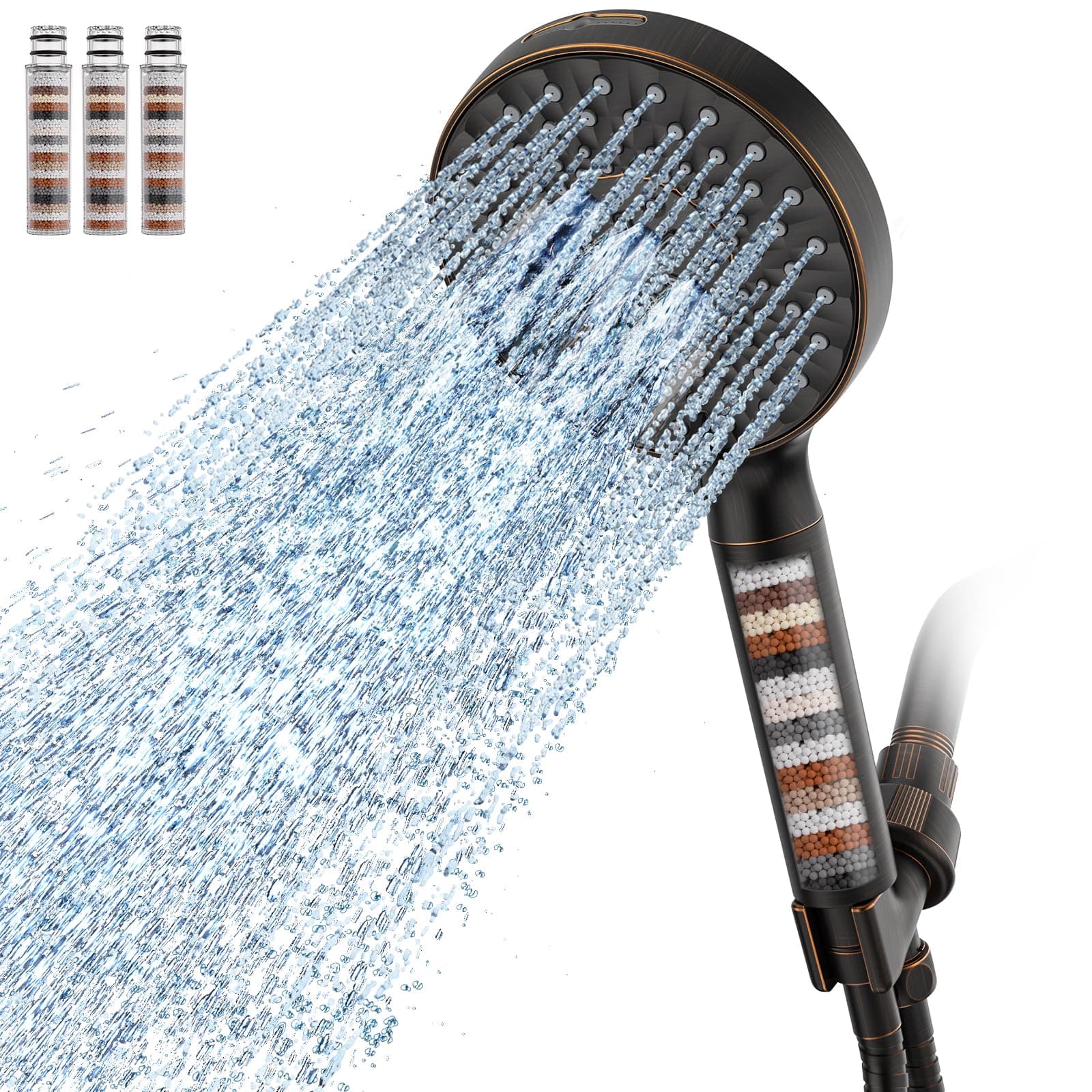 Filtered Shower Head with Handheld, High Pressure 9 Spray Mode ORB Showerhead with 4 Filters, Detachable Shower Head, Water Softener Filters Beads for Hard Water - Remove Chlorine