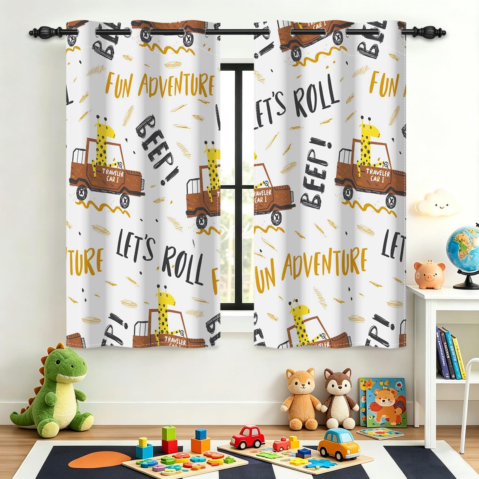 GICDSU Nursery Cartoon Car Blackout Curtains Boys Cute Animal Driving Print Room Darkening Curtains 63 Inches Long Beige Thermal Insulated Grommet Drapes for Kids Bedroom Playroom, 2 Panels, 42" x 63"