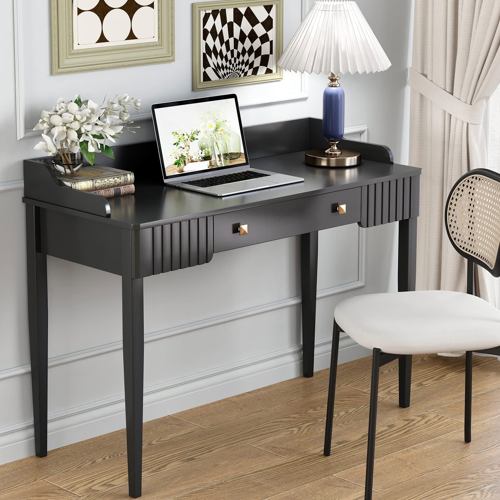 ukorua Space-Saving Black Wood Makeup Vanity Desk – Modern Computer Table with Drawers & Gold Handles