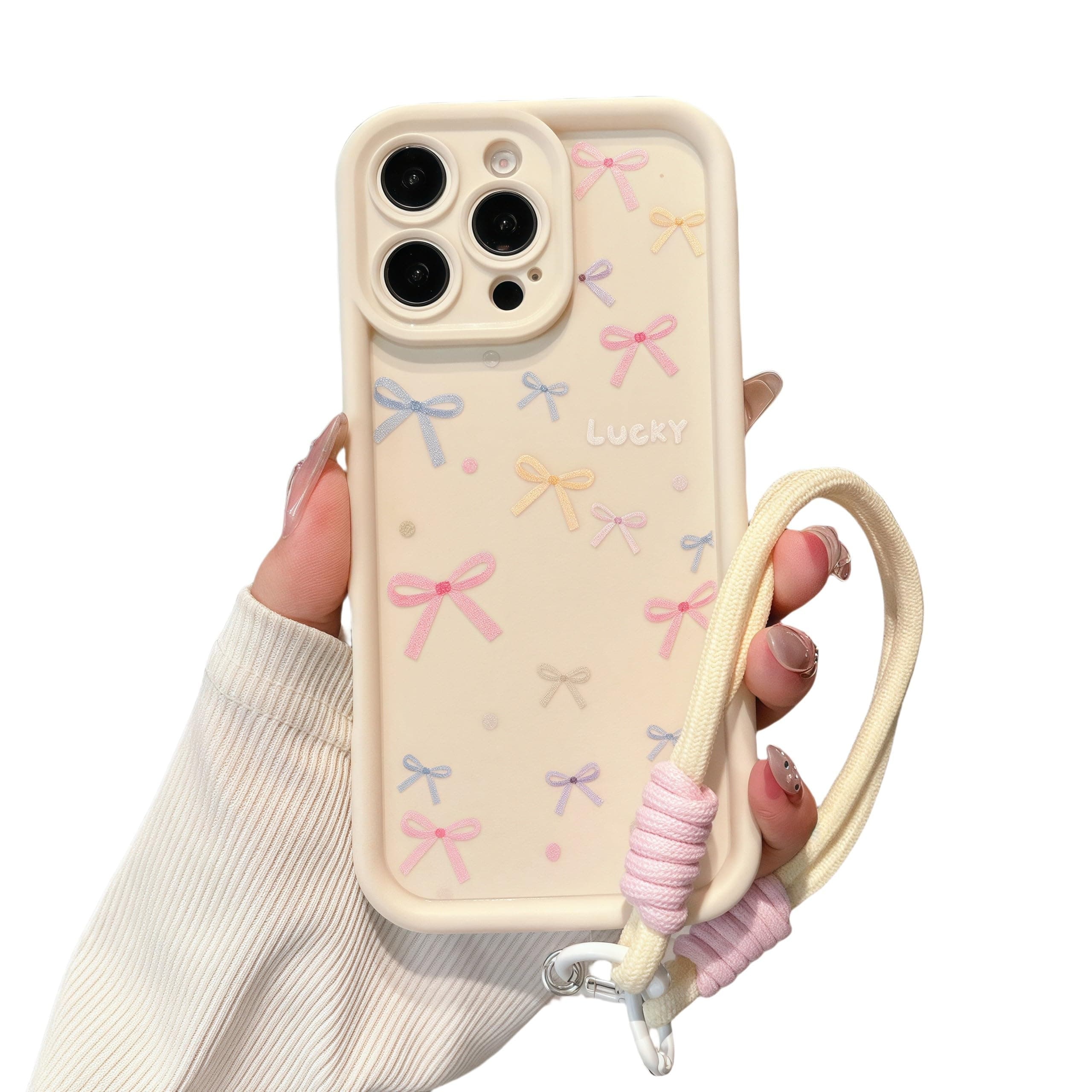FXFOOT Aesthetic Cute Bow Phone Case Compatible for iPhone 14 Pro Max Case, with Adjustable Anti-Drop Wrist Strap - Full-Body Shockproof Protection, Raised Camera & Edge Guards