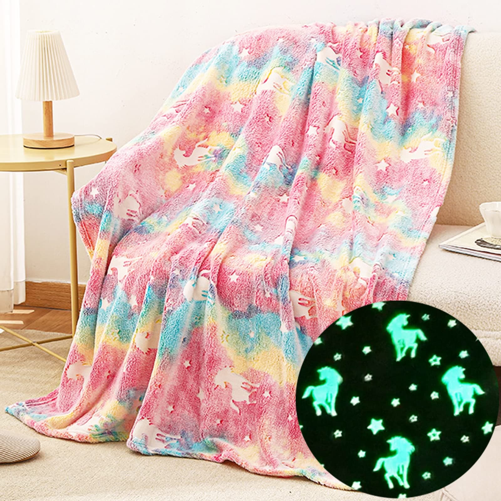 Happwow Glow in The Dark Blanket,Unicorn Blanket for Girls,Soft Throw Fuzzy Blankets Kids Rainbow Unicorn,50" x 60" Perfect for Kids Bed or Sofa,Christmas Birthday Unicorn Gifts