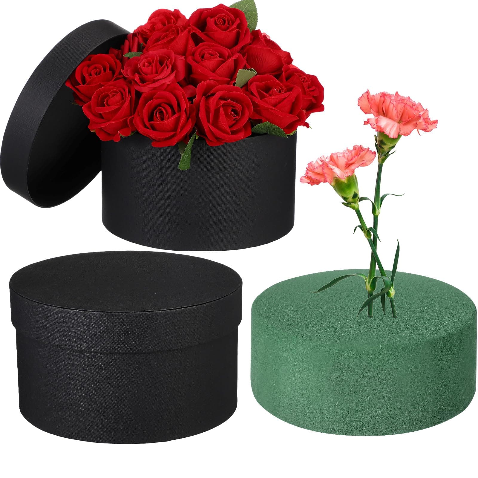 Nuenen Gift Boxes with Lids Floral Foam Set Round Boxes Flower Arrangements Supplies Round Floral Foam for Flowers for Mother's Day Bridesmaid Wedding(Black)