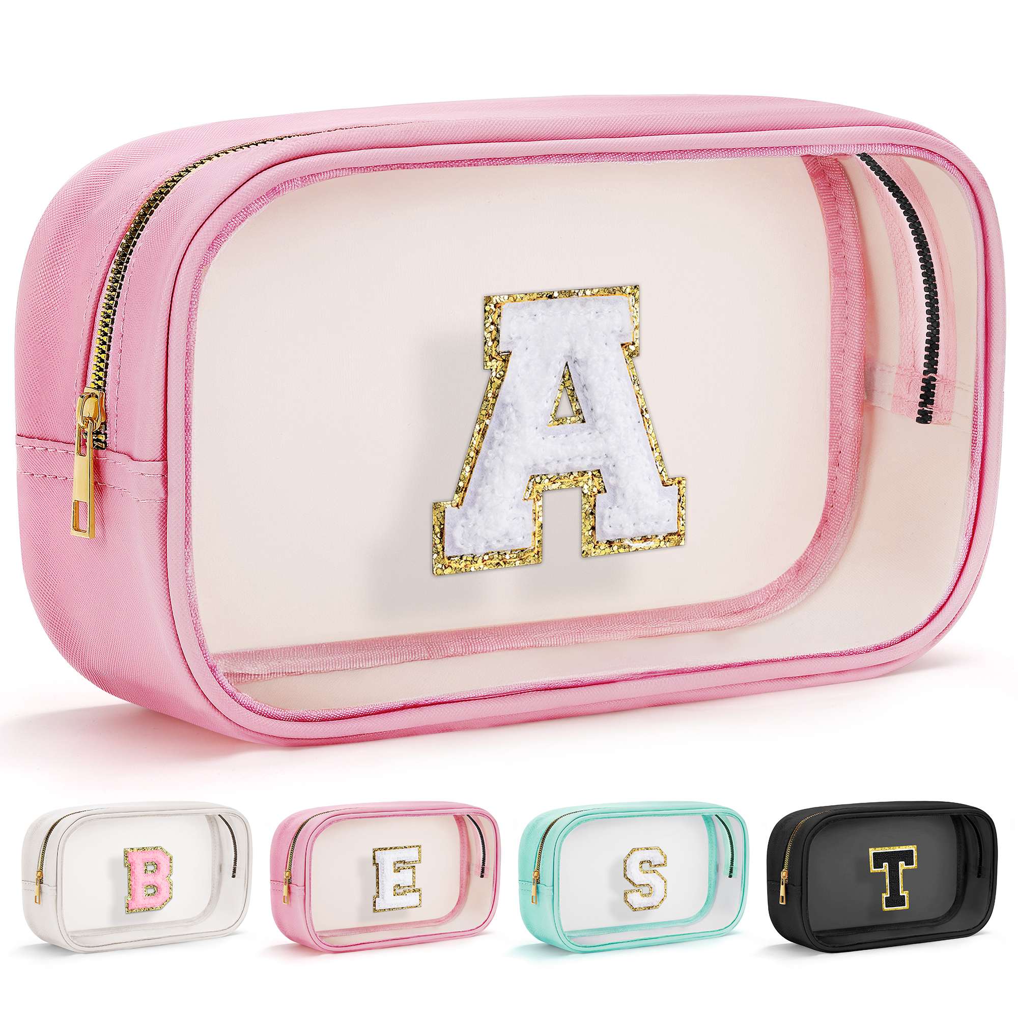 YOOLIFE Birthday Gift for Kid Girl Women Initial Travel Makeup Bags Pink A