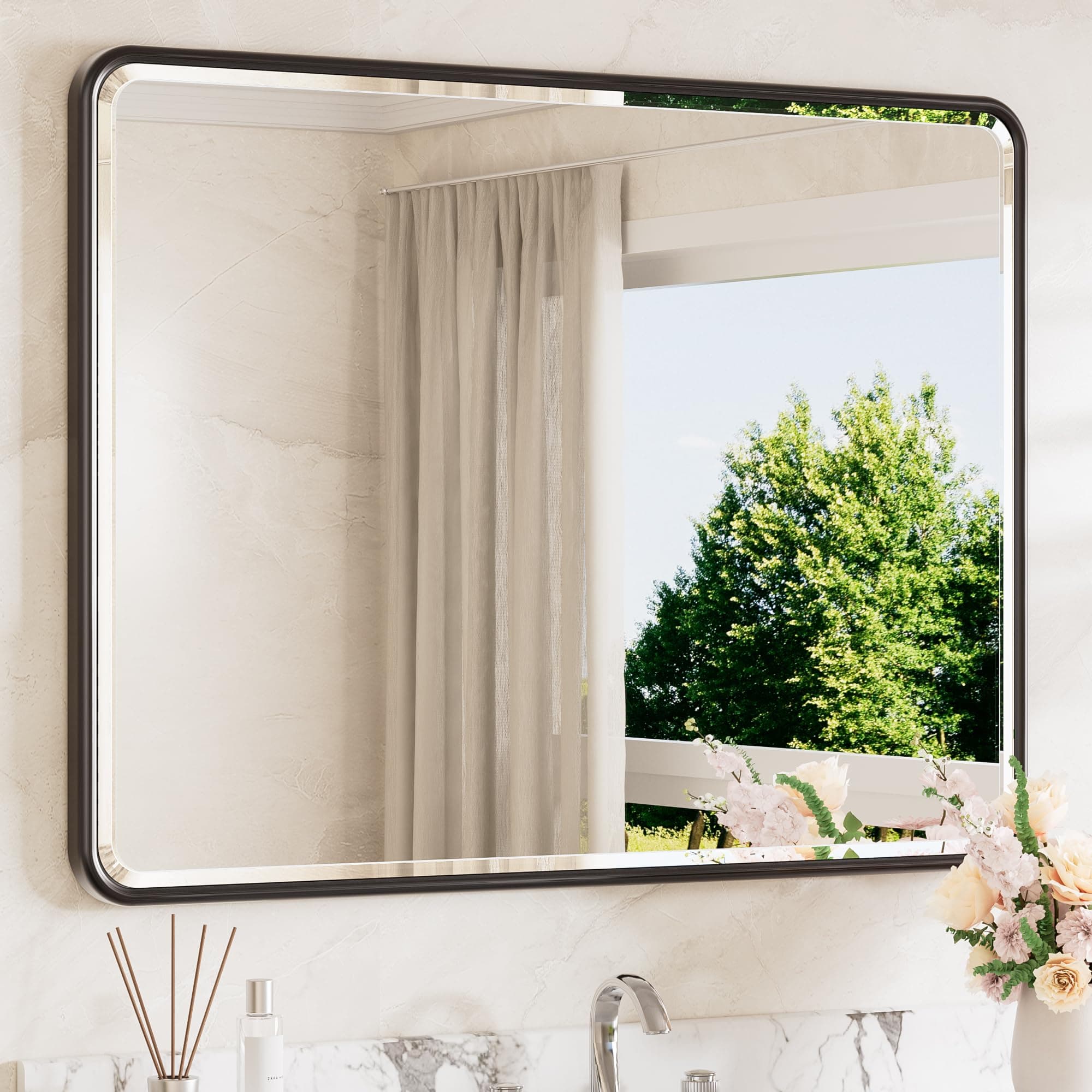 TETOTE Black Mirrors for Wall 40 x 30 Beveled Edge Tempered Glass, Rounded Corner Rectangle Framed Mirror for Modern Bathroom, Living Room, Bedroom, Entryway
