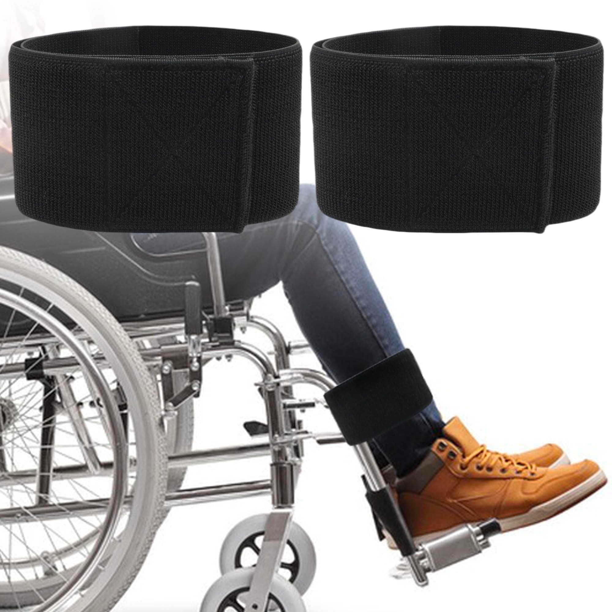 Terixe 2 Pack Wheelchair Leg Straps - Polyester Material, Reliable & Elastic - Foot, Calf & Seat Belt Restraints for Wheelchair Accessory-Black