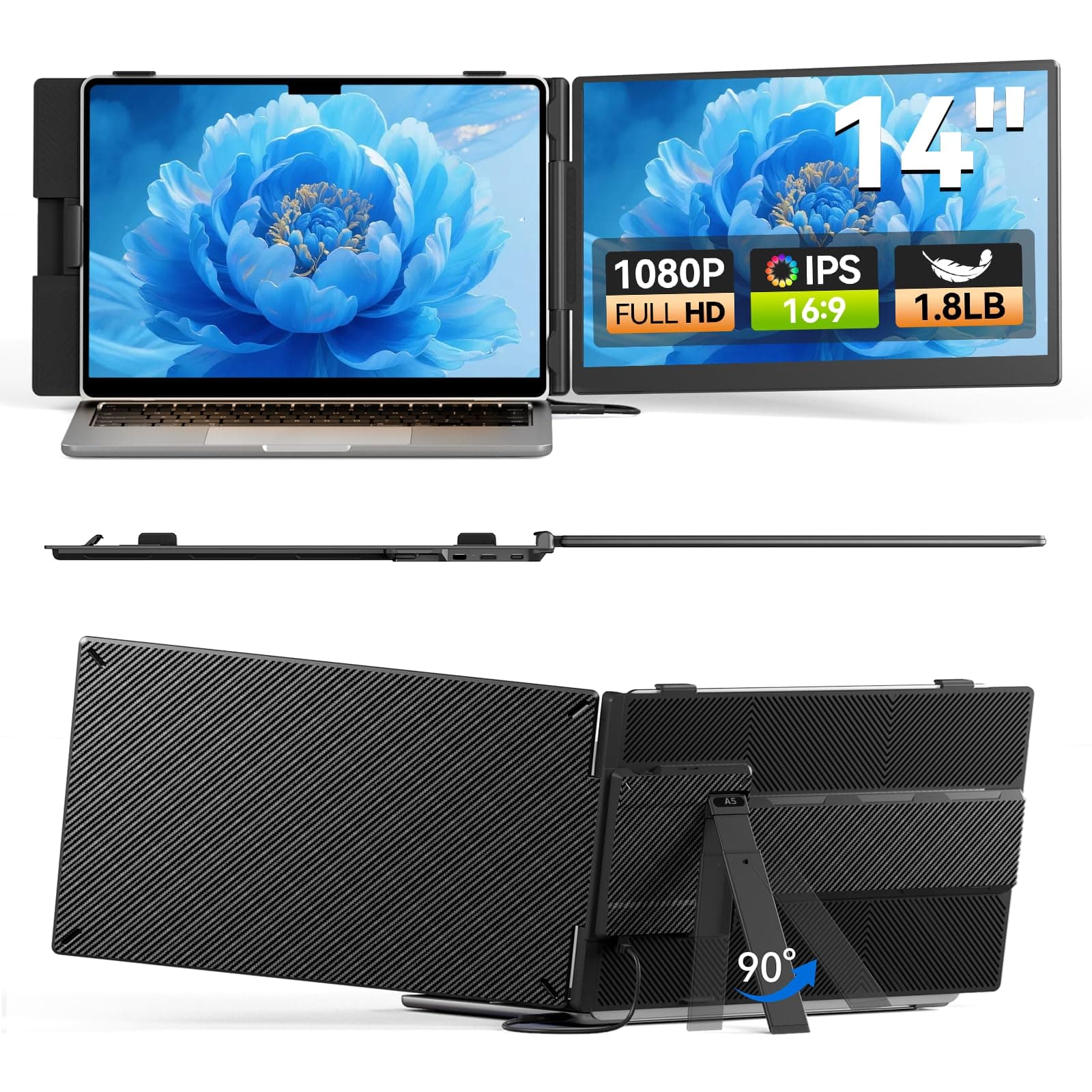 14" Laptop Screen Extender - Ultra Thin 1.8lbs FHD 1080P Laptops Dual Monitor Extender Attachment for Laptop 13-17” (Screen Length: 11.81"-16.14") Fits Windows/Mac/Android for Work Office Travel
