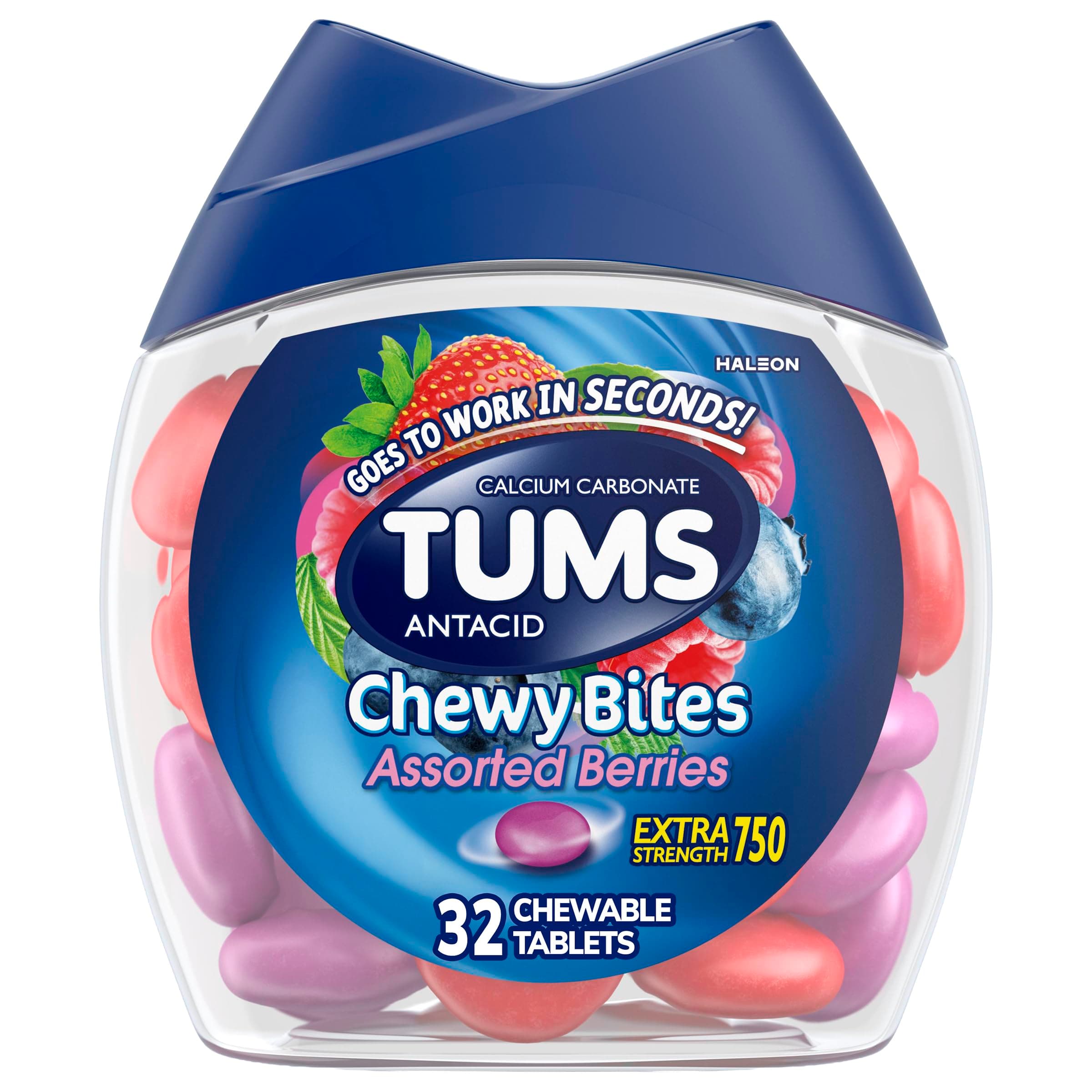 TUMS Chewy Bites Antacid Tablets, Assorted Berries, 32 Count