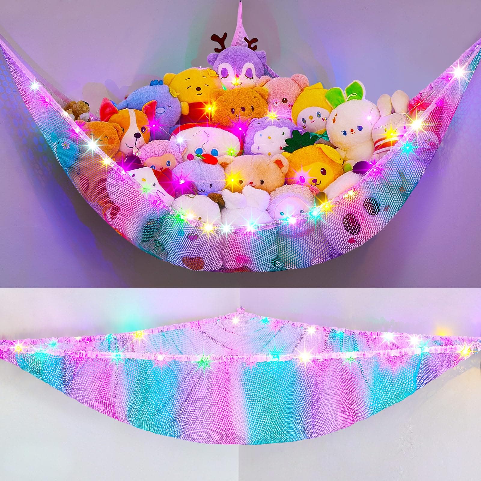 Stuffed Animals Hammock with LED Light Toy Net Room Decor Corner Storage