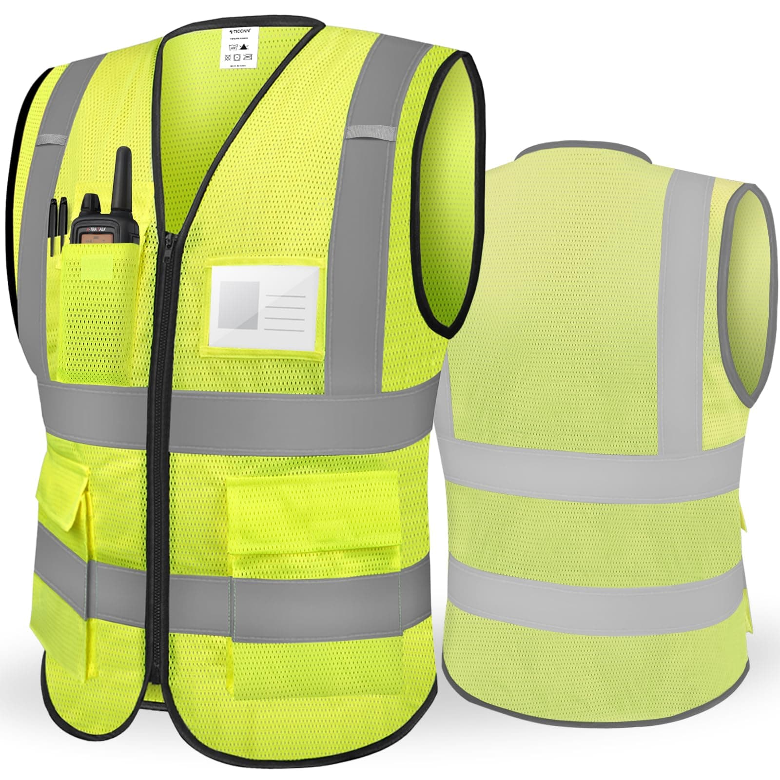 TICONN Reflective Safety Vest High Visibility Class II Mesh Vest for Women & Men Meets ANSI Standards (1PK, Yellow, L)