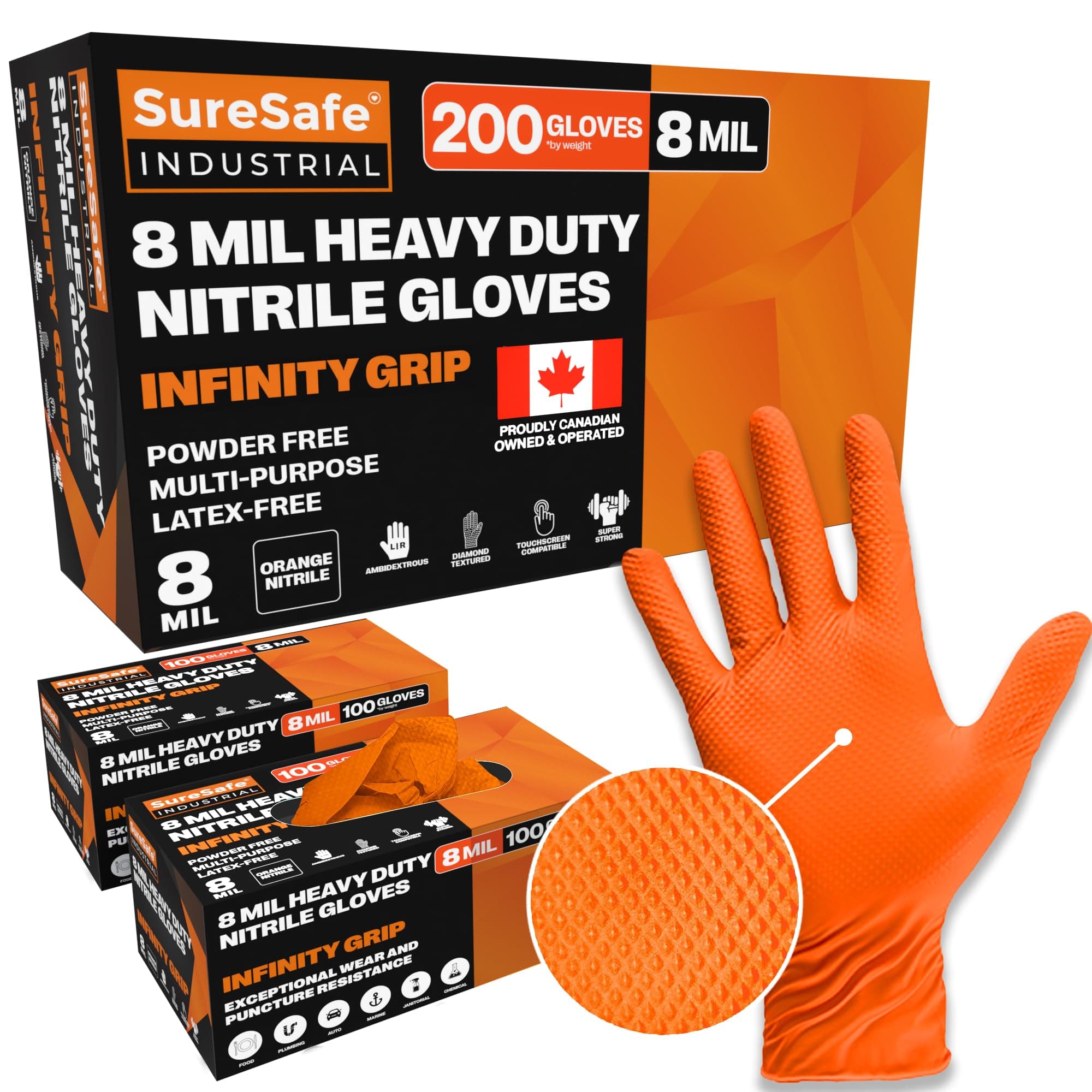 Orange Nitrile Gloves Medium, 8 Mil Powder-Free Latex-Free, 200 Count