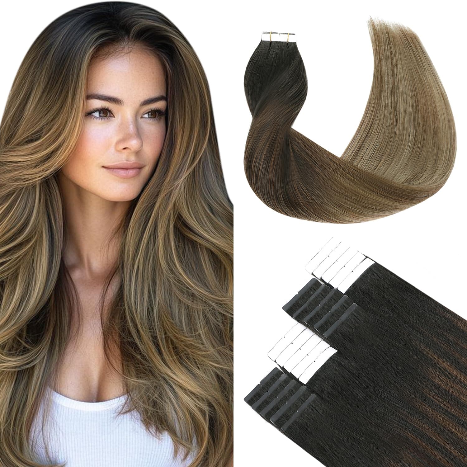 SURNEL 22 inch Tape in Hair Extensions Human Hair Balayage 1B Fading to 4 Brown Highlighted 27 Blonde Tape in Hair Extensions 20 pcs 50g(#1B/4/27-22)