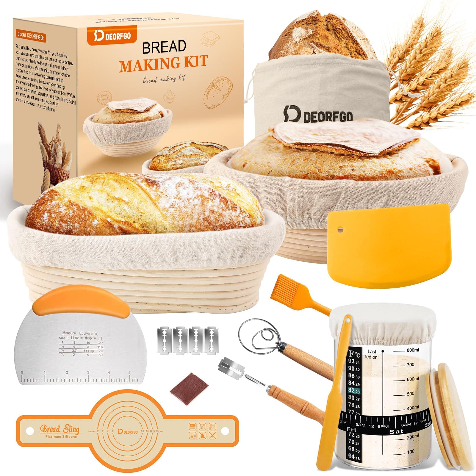 Sourdough Bread Baking Supplies Tools,10 Inch Oval & 9 Inch Round Banneton Bread Proofing Basket Set,Sourdough Starter Kit Gift for Bread Making (white with Starter Jar)