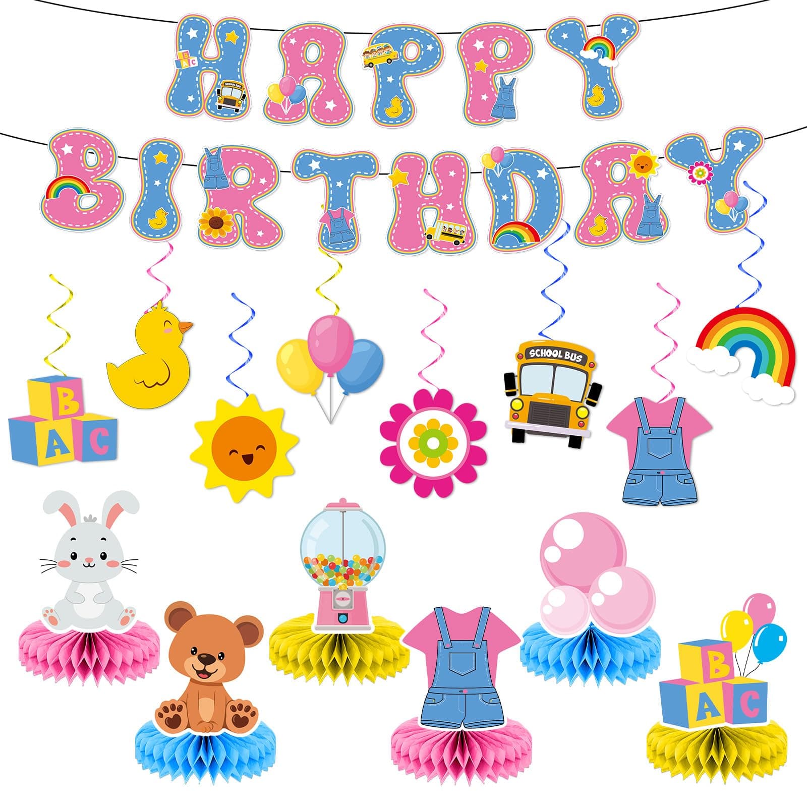 15Pcs Girls Party Decorations Happy Birthday Banner Cartoon Teacher Honeycomb Centerpiece for Tables Cartoon Girls Hanging Swirl Decoration for English Teacher Birthday Baby Shower Party Supplies